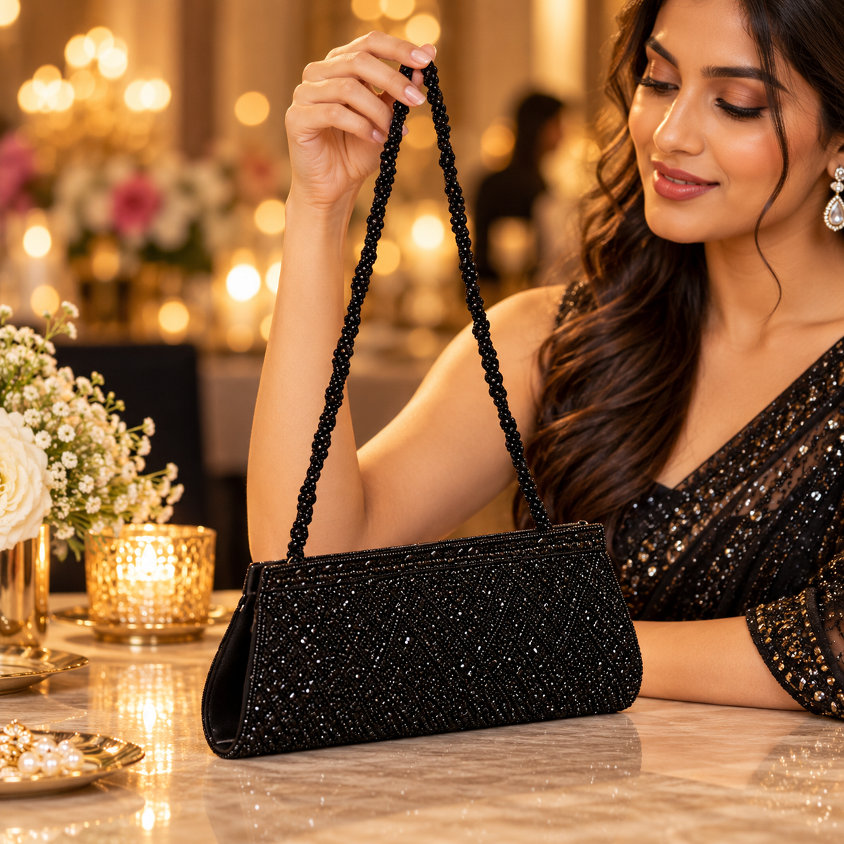 Beautiful Handmade Party-Bead Clutch with Sling Belt