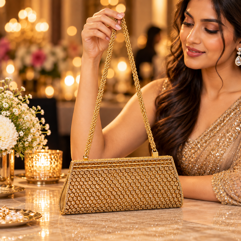 Beautiful Handmade Party-Bead Clutch with Sling Belt