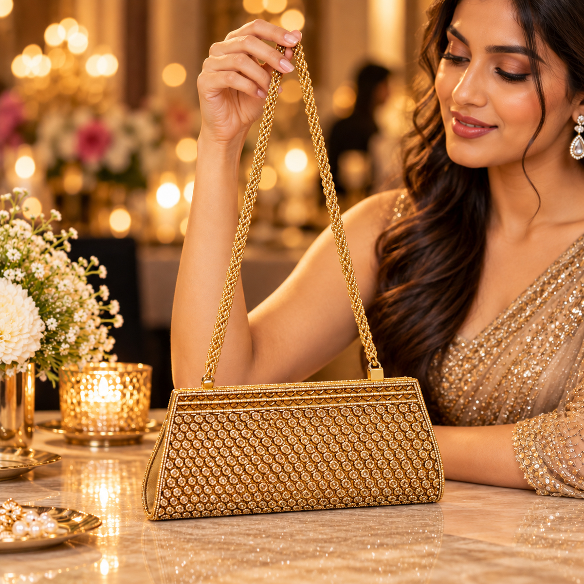 Beautiful Handmade Party-Bead Clutch with Sling Belt