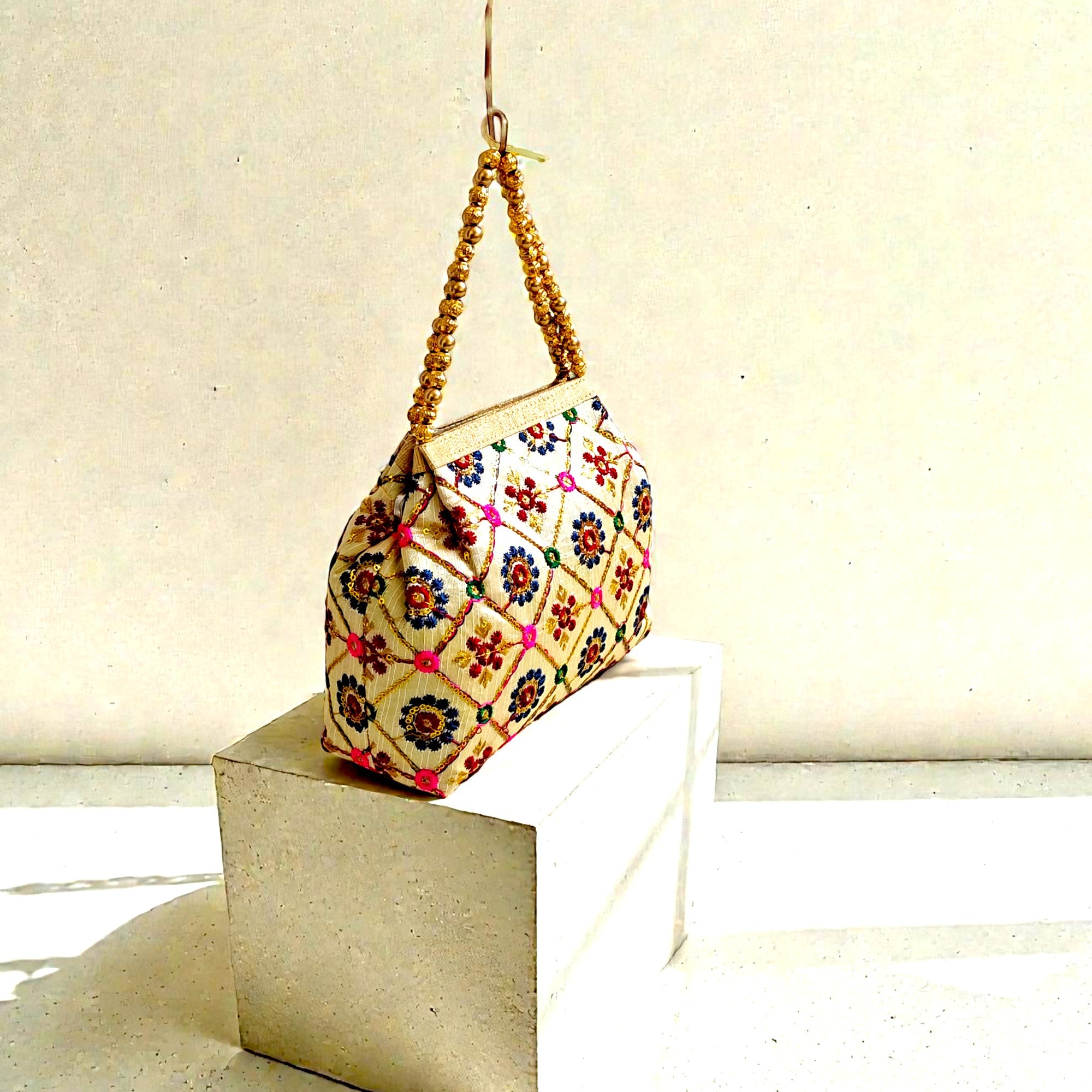 Embroidered Ethnic Potli Handbag for Women – Festive Clutch with Beaded Handle