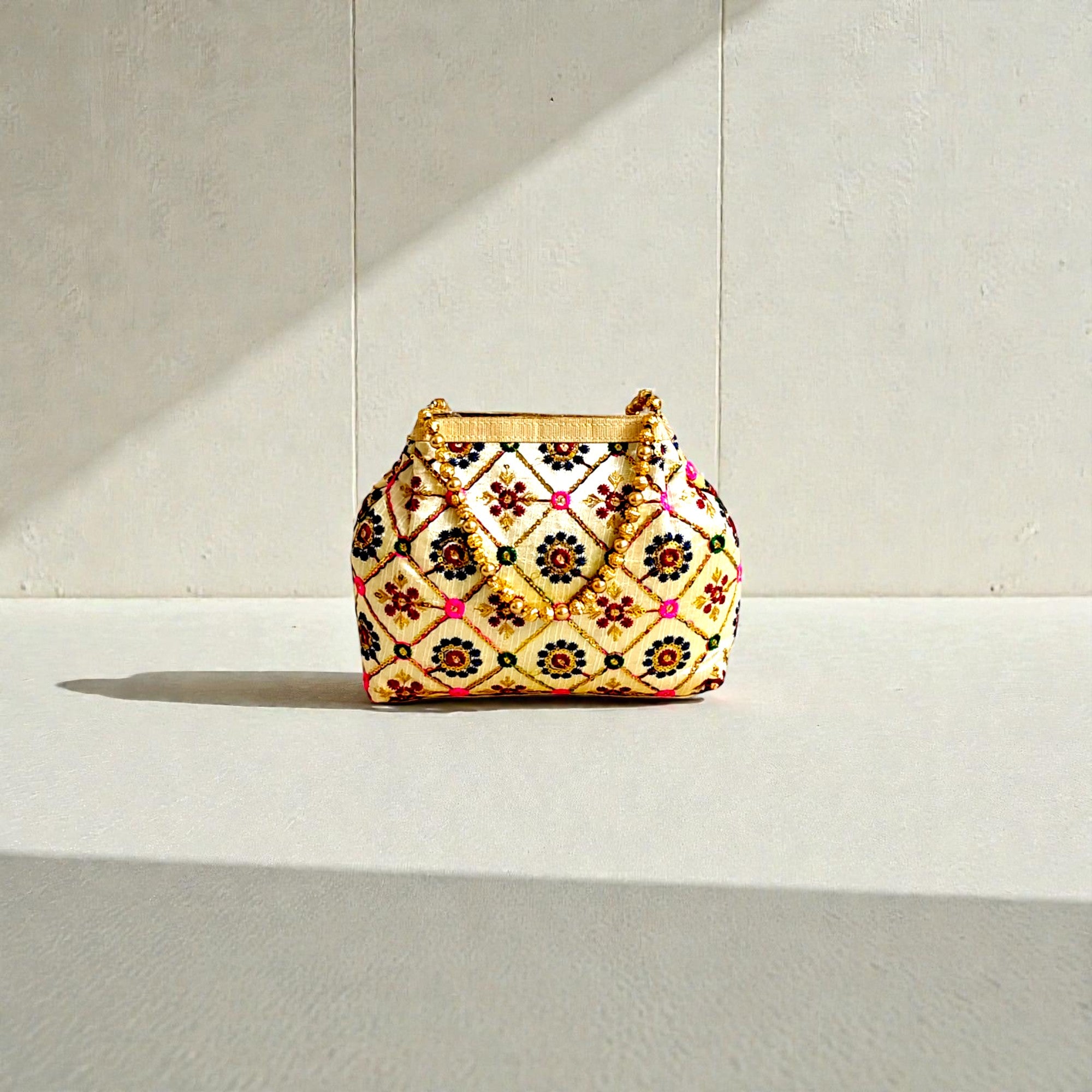 Embroidered Ethnic Potli Handbag for Women – Festive Clutch with Beaded Handle