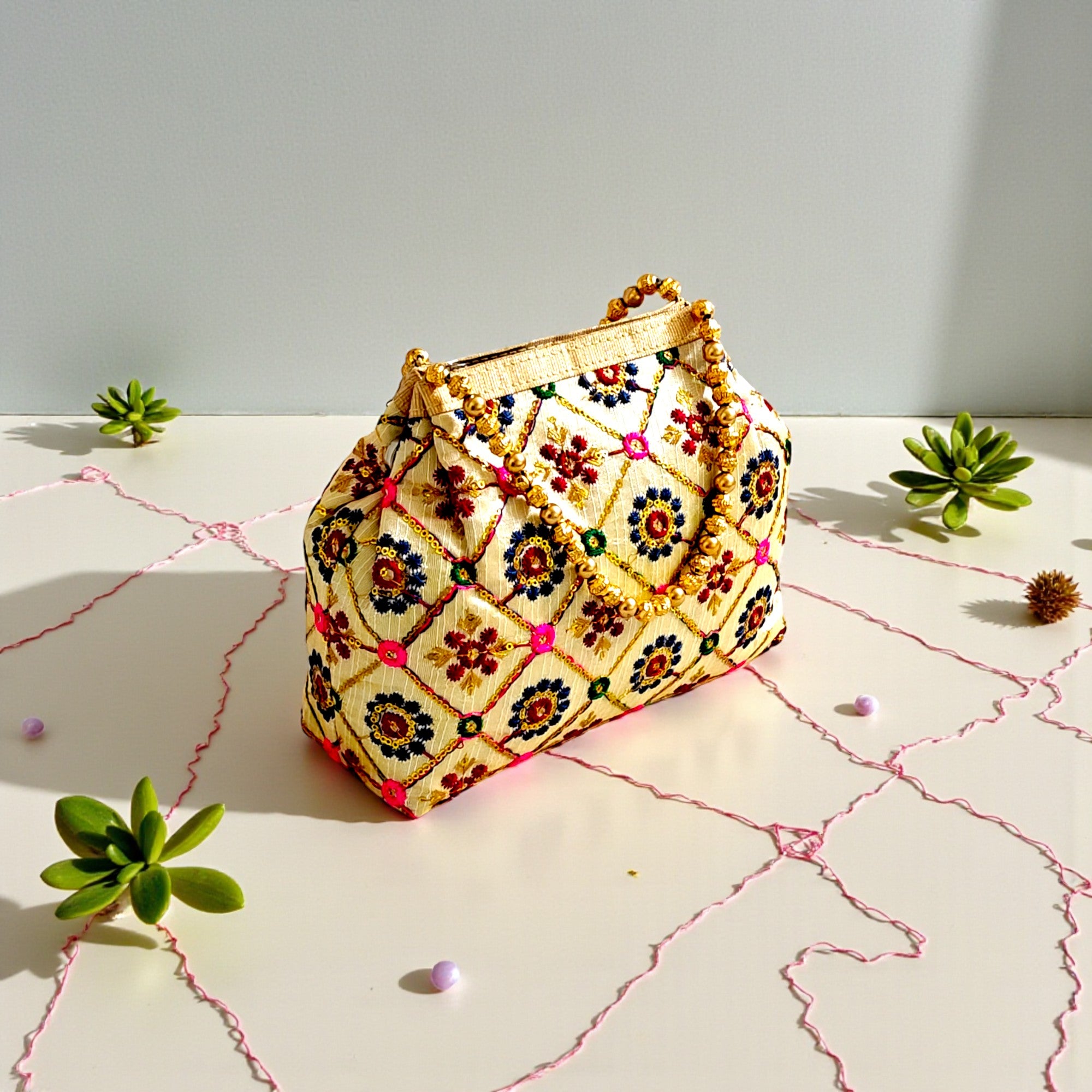 Embroidered Ethnic Potli Handbag for Women – Festive Clutch with Beaded Handle