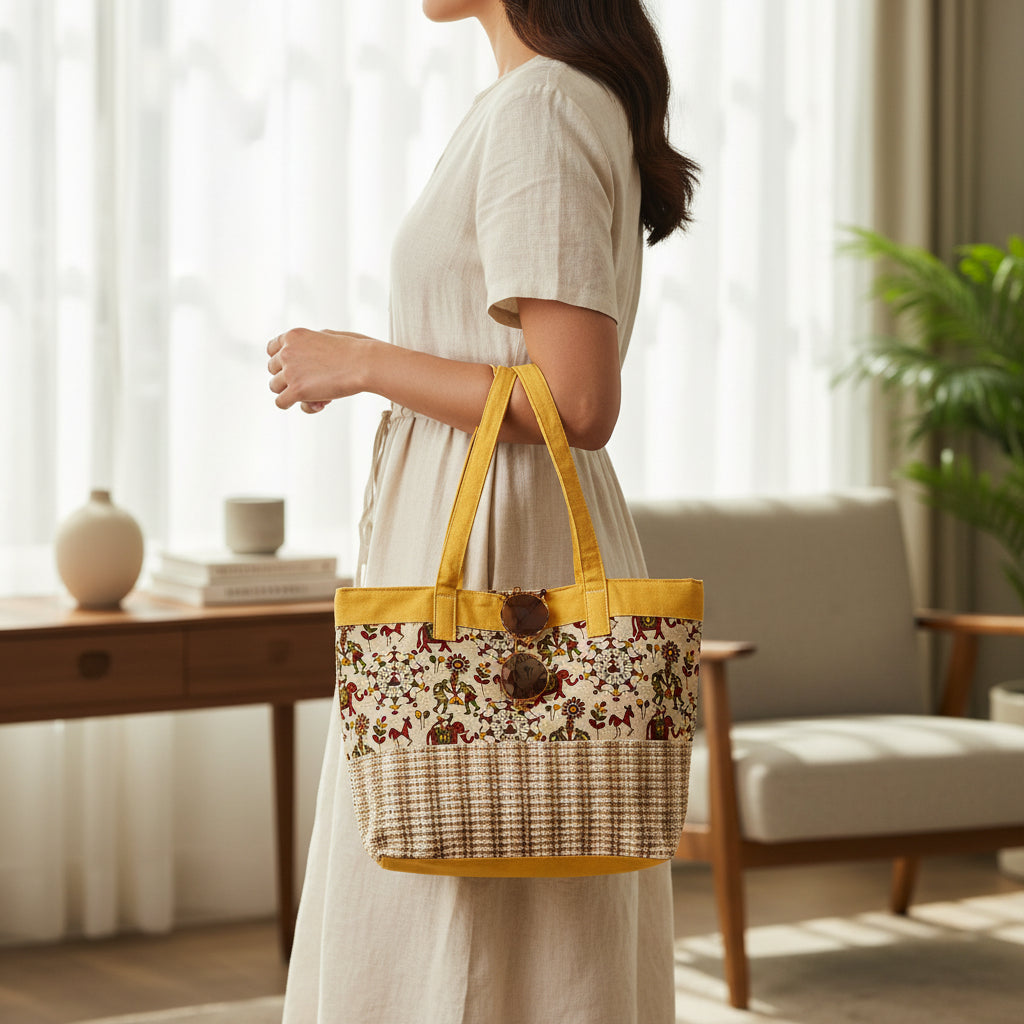 Yellow Printed Handcrafted Tote Bag
