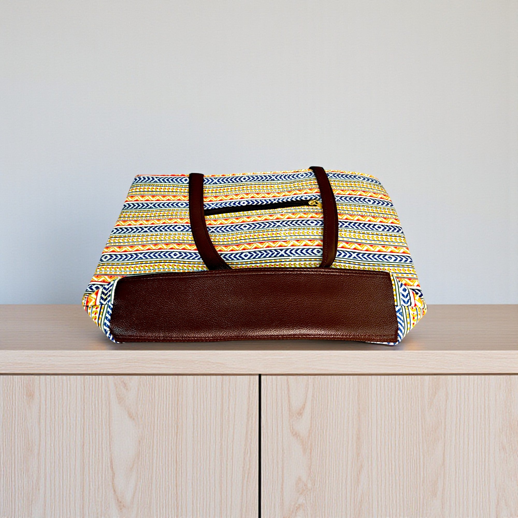 Multicolor Tribal Print Tote Bag with PU Leather Handles