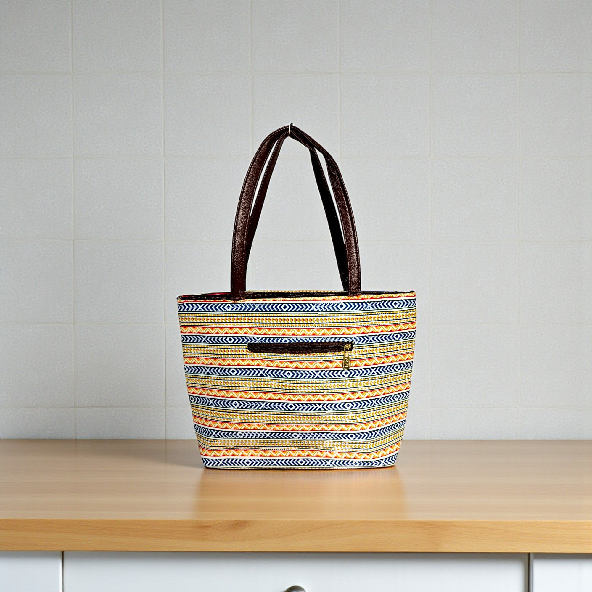 Multicolor Tribal Print Tote Bag with PU Leather Handles