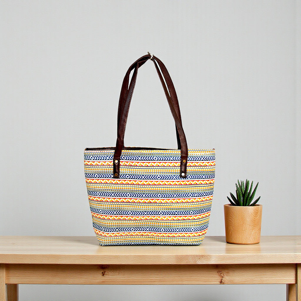 Multicolor Tribal Print Tote Bag with PU Leather Handles