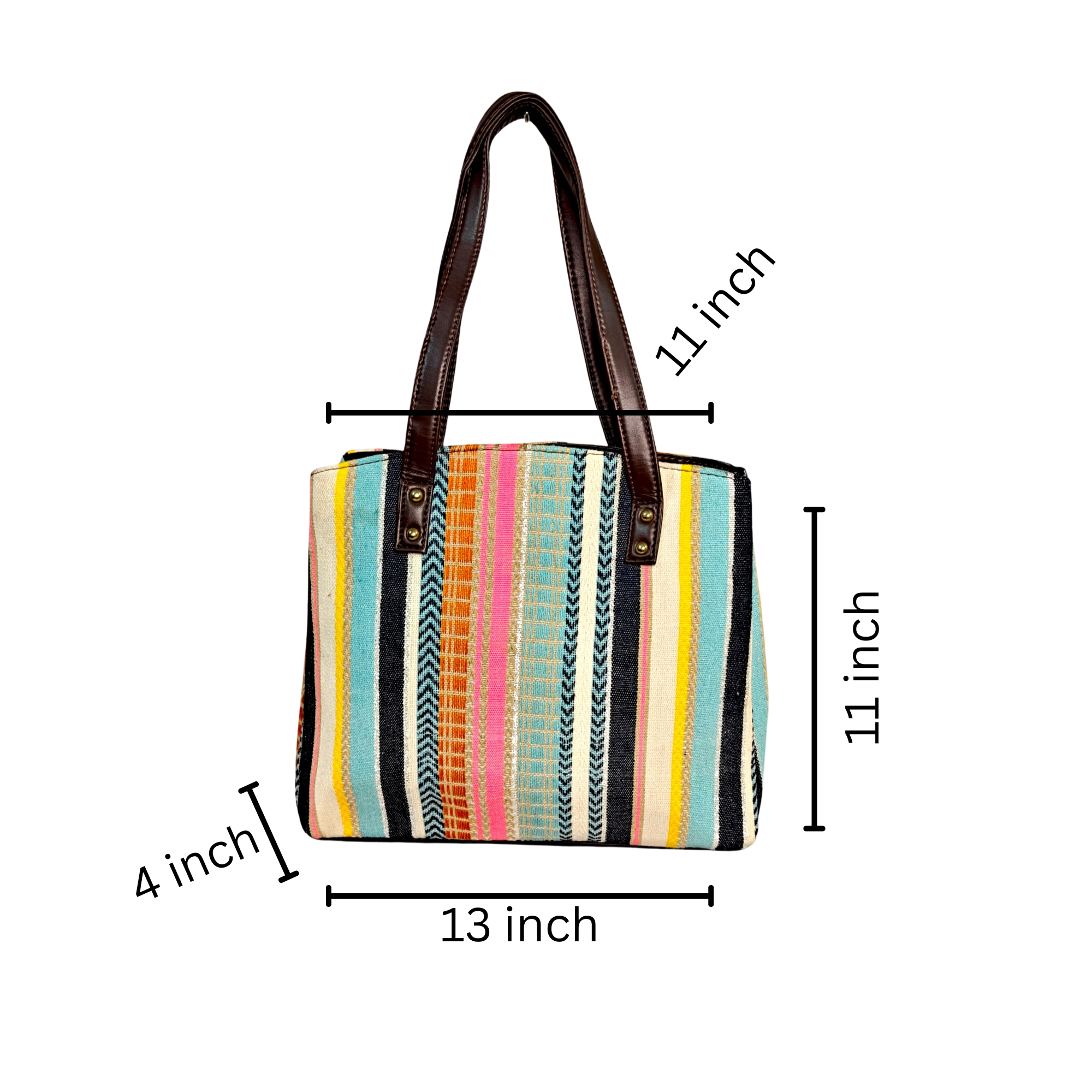 Multicolor Striped Fabric Tote Bag with PU Leather Handles