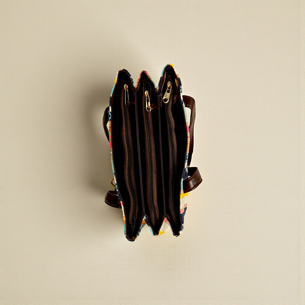 Multicolor Striped Fabric Tote Bag with PU Leather Handles