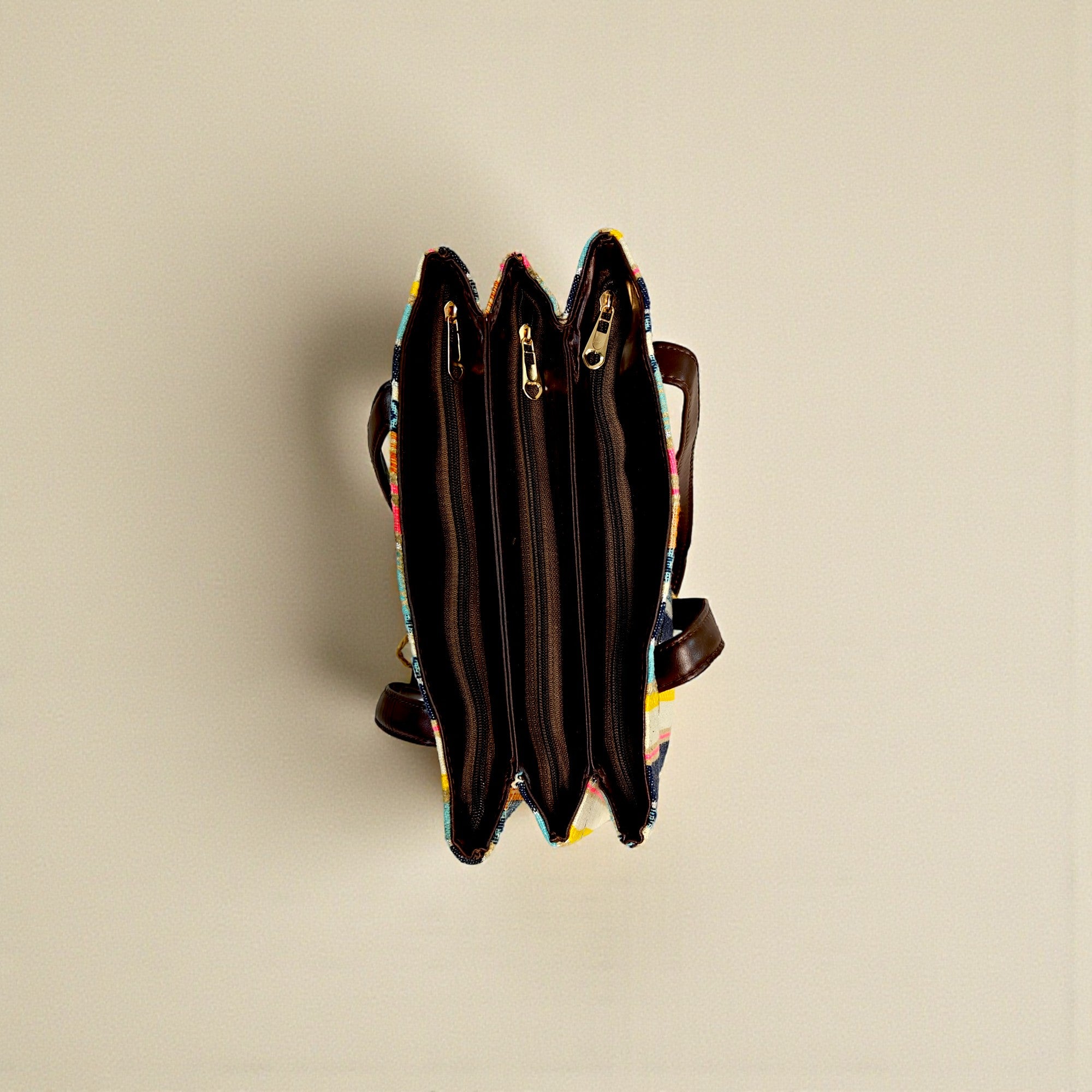 Multicolor Striped Fabric Tote Bag with PU Leather Handles