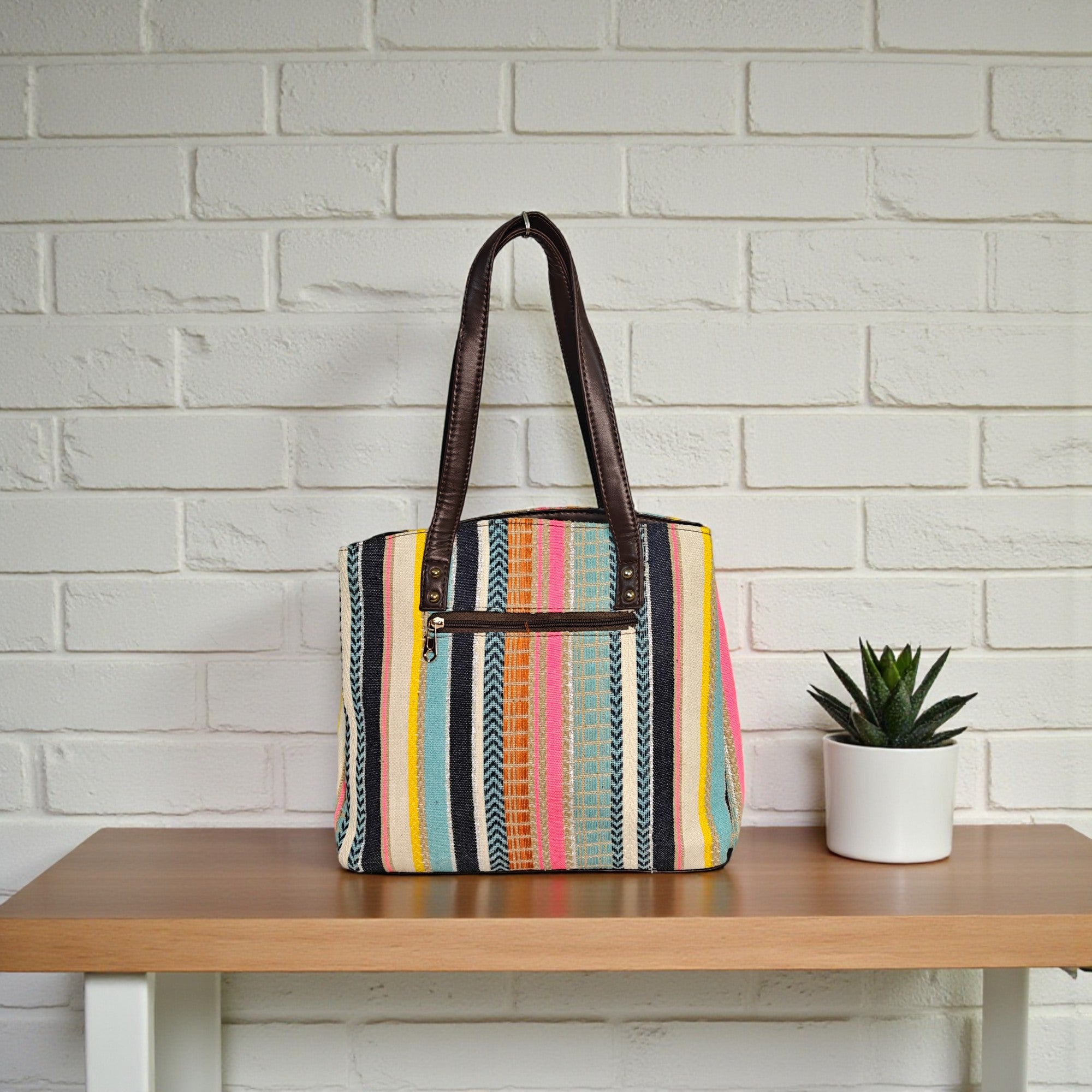 Multicolor Striped Fabric Tote Bag with PU Leather Handles