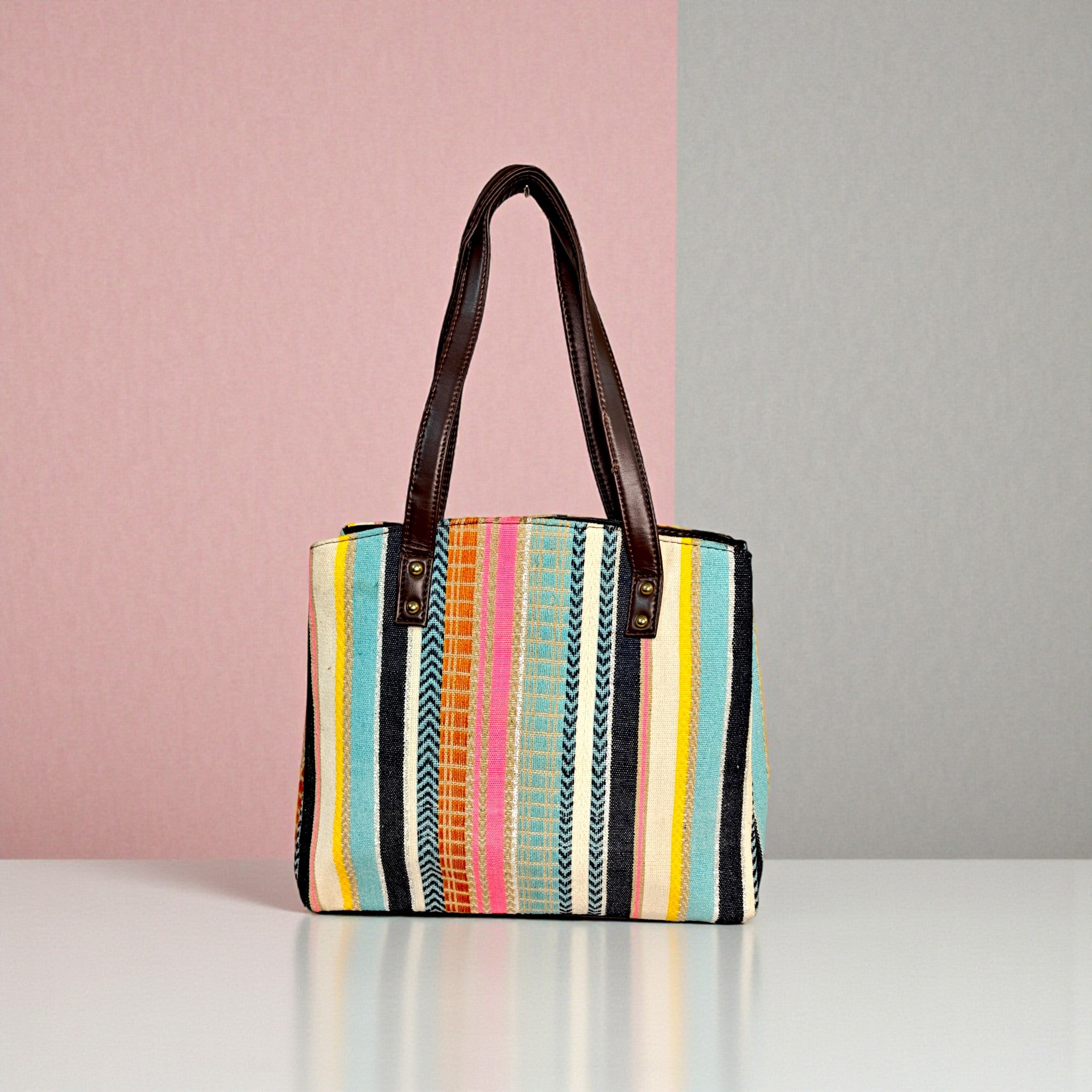 Multicolor Striped Fabric Tote Bag with PU Leather Handles