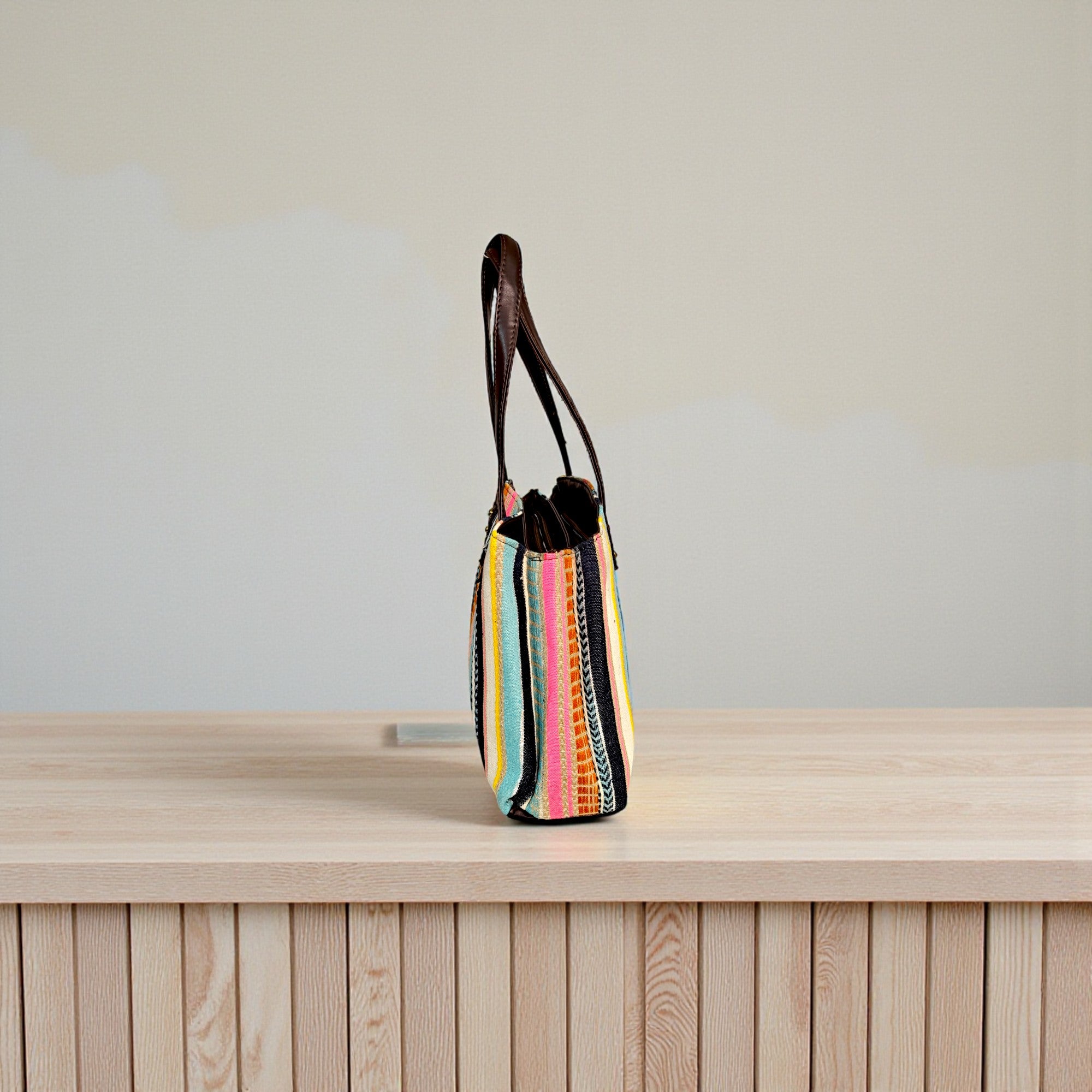 Multicolor Striped Fabric Tote Bag with PU Leather Handles