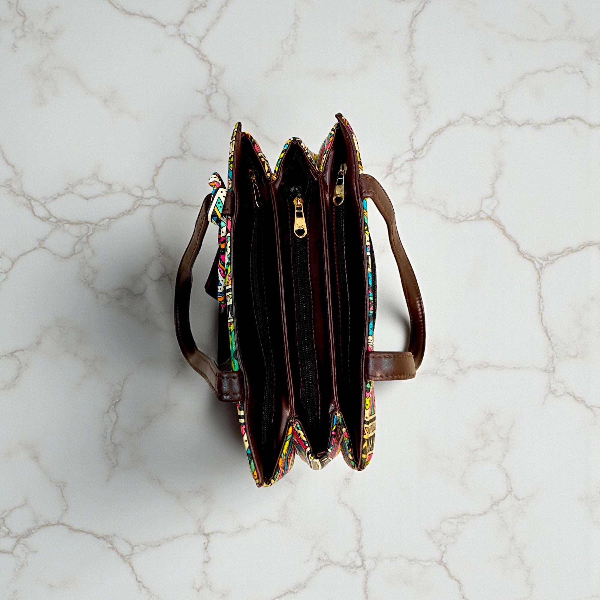 Multicolor Striped Fabric Tote Bag with PU Leather Handles