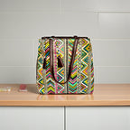 Multicolor Striped Fabric Tote Bag with PU Leather Handles