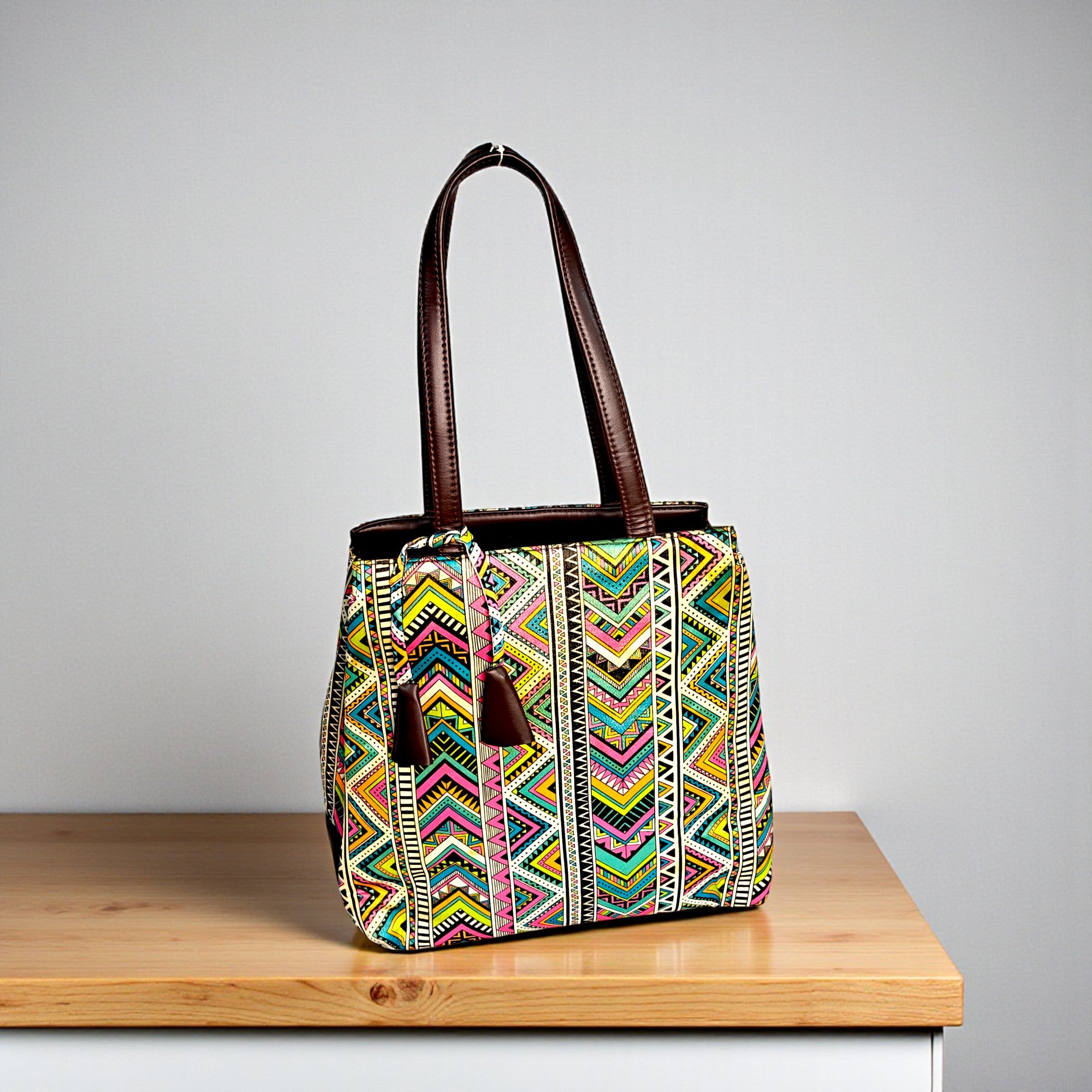 Multicolor Striped Fabric Tote Bag with PU Leather Handles