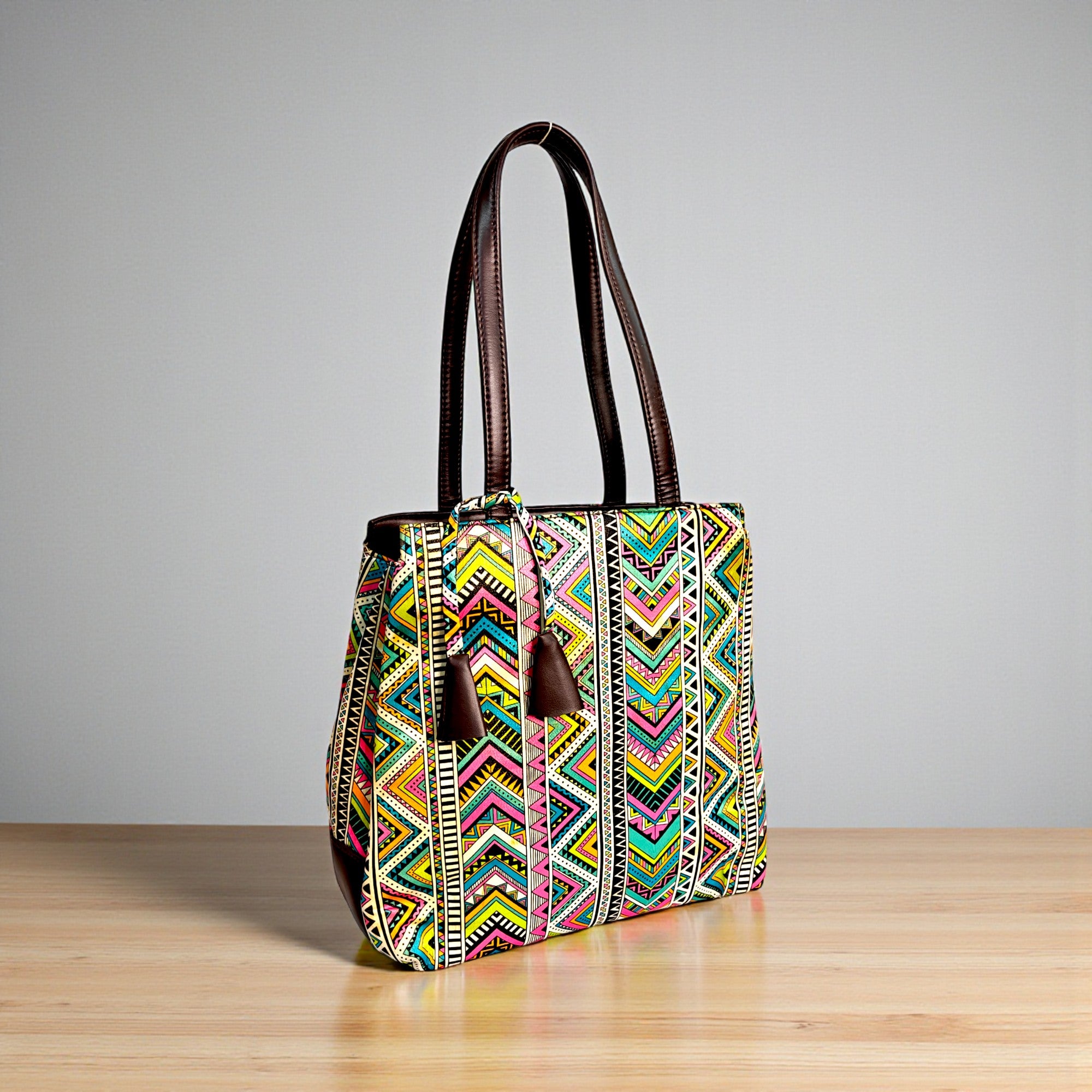 Multicolor Striped Fabric Tote Bag with PU Leather Handles