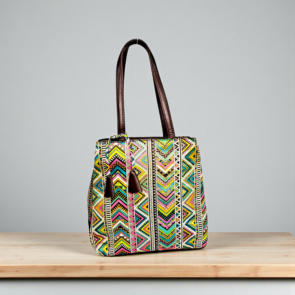 Multicolor Striped Fabric Tote Bag with PU Leather Handles