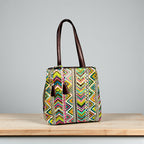 Multicolor Striped Fabric Tote Bag with PU Leather Handles
