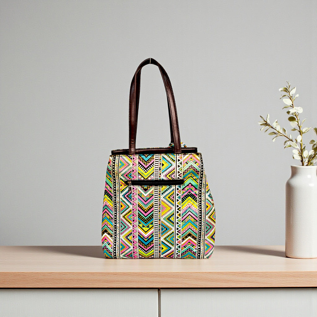 Multicolor Striped Fabric Tote Bag with PU Leather Handles