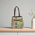 Multicolor Striped Fabric Tote Bag with PU Leather Handles