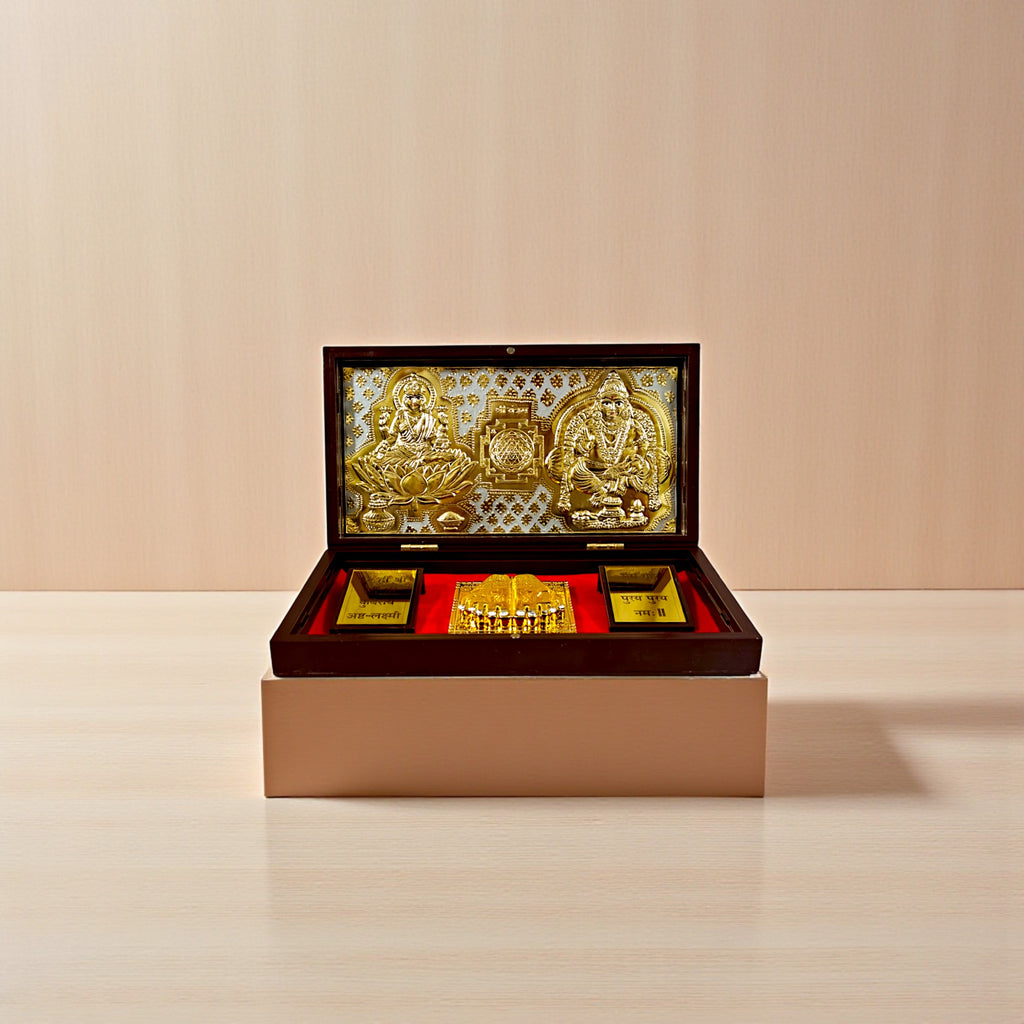 Gold-Silver Plated Laxmi Kuber with Kuber mantra Charan Paduka