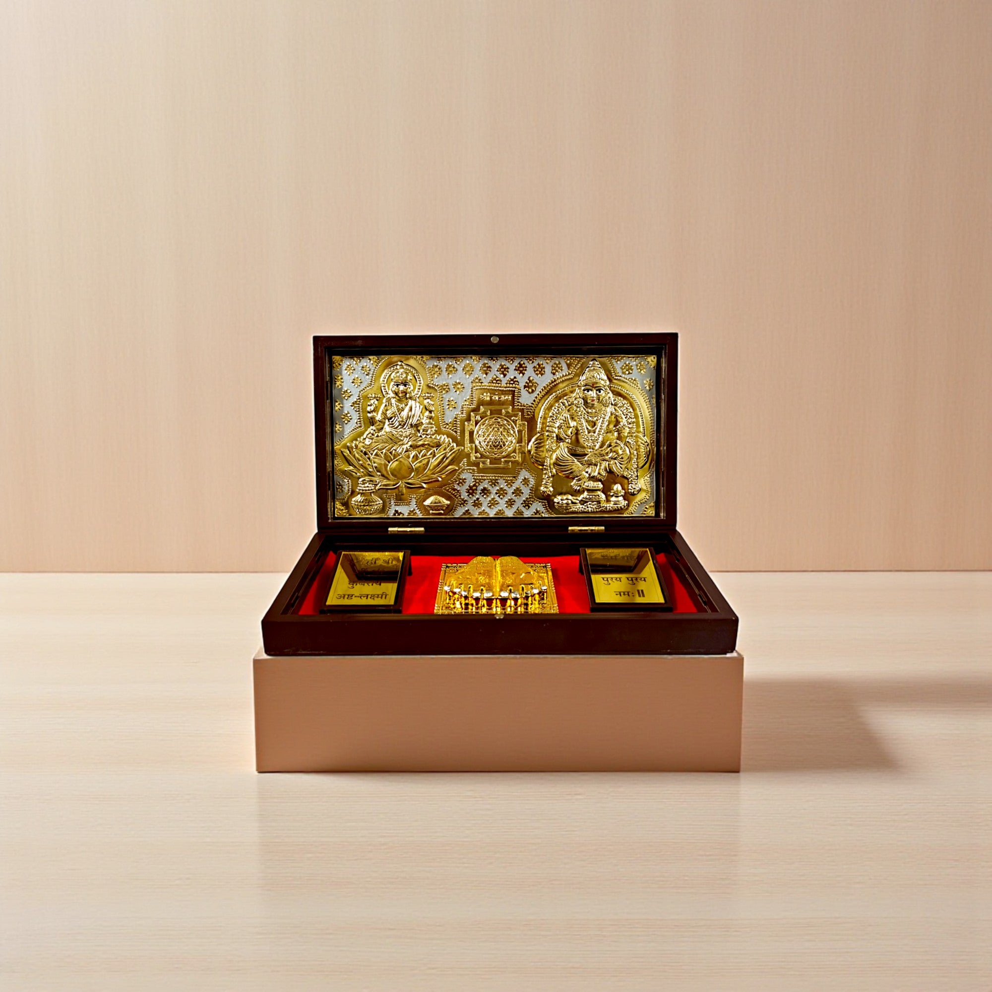 Gold-Silver Plated Laxmi Kuber with Kuber mantra Charan Paduka