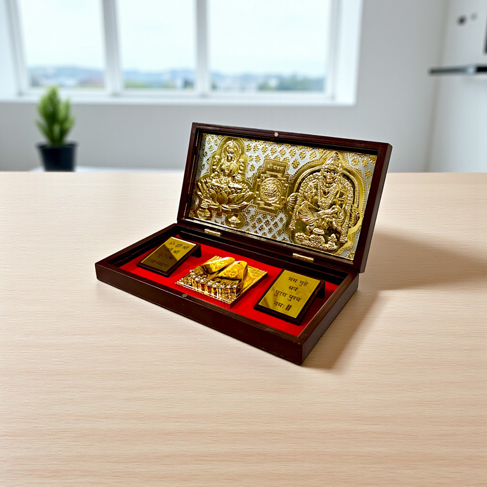 Gold-Silver Plated Laxmi Kuber with Kuber mantra Charan Paduka