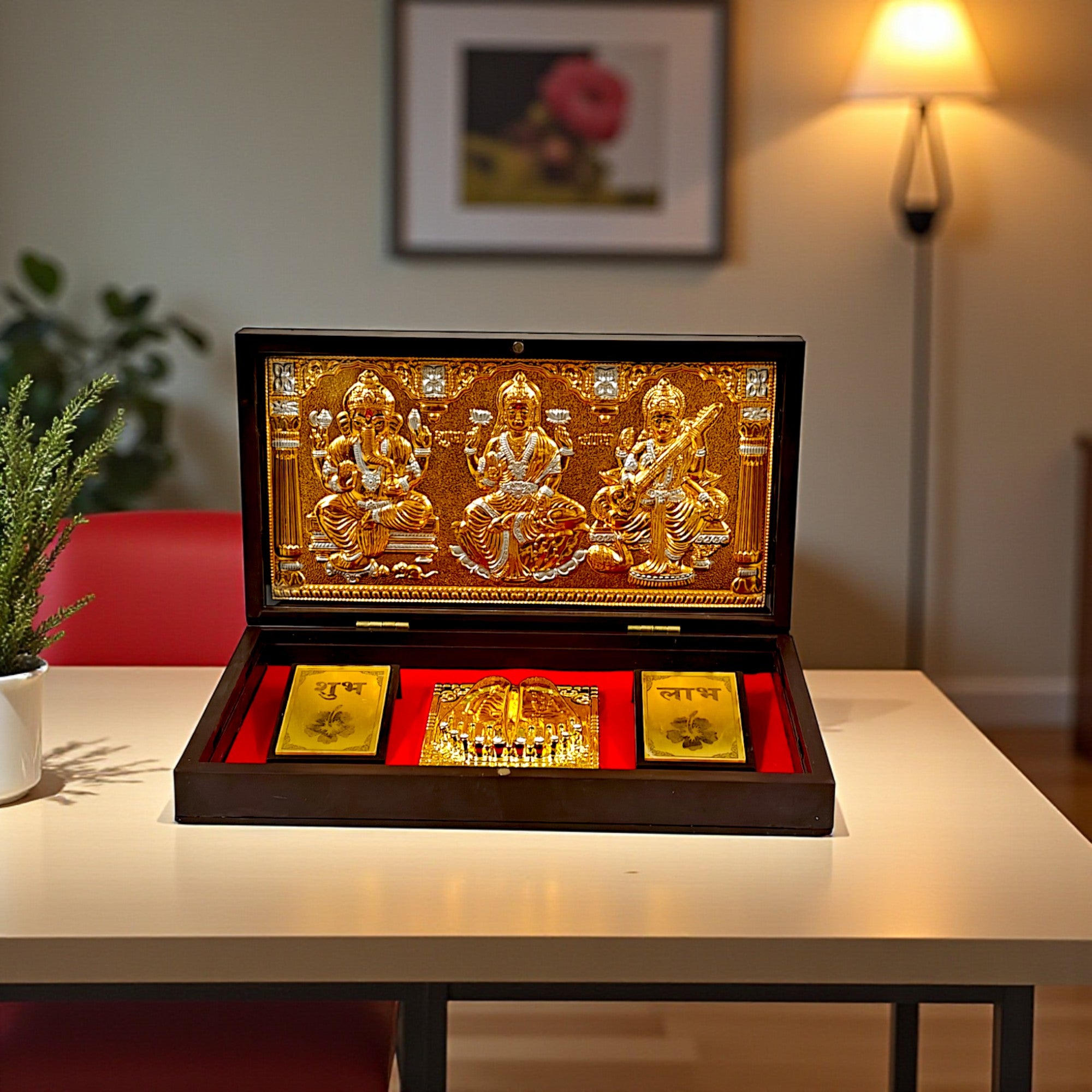 Gold-Silver Plated Laxmi Ganesh Sarswati Charan Paduka