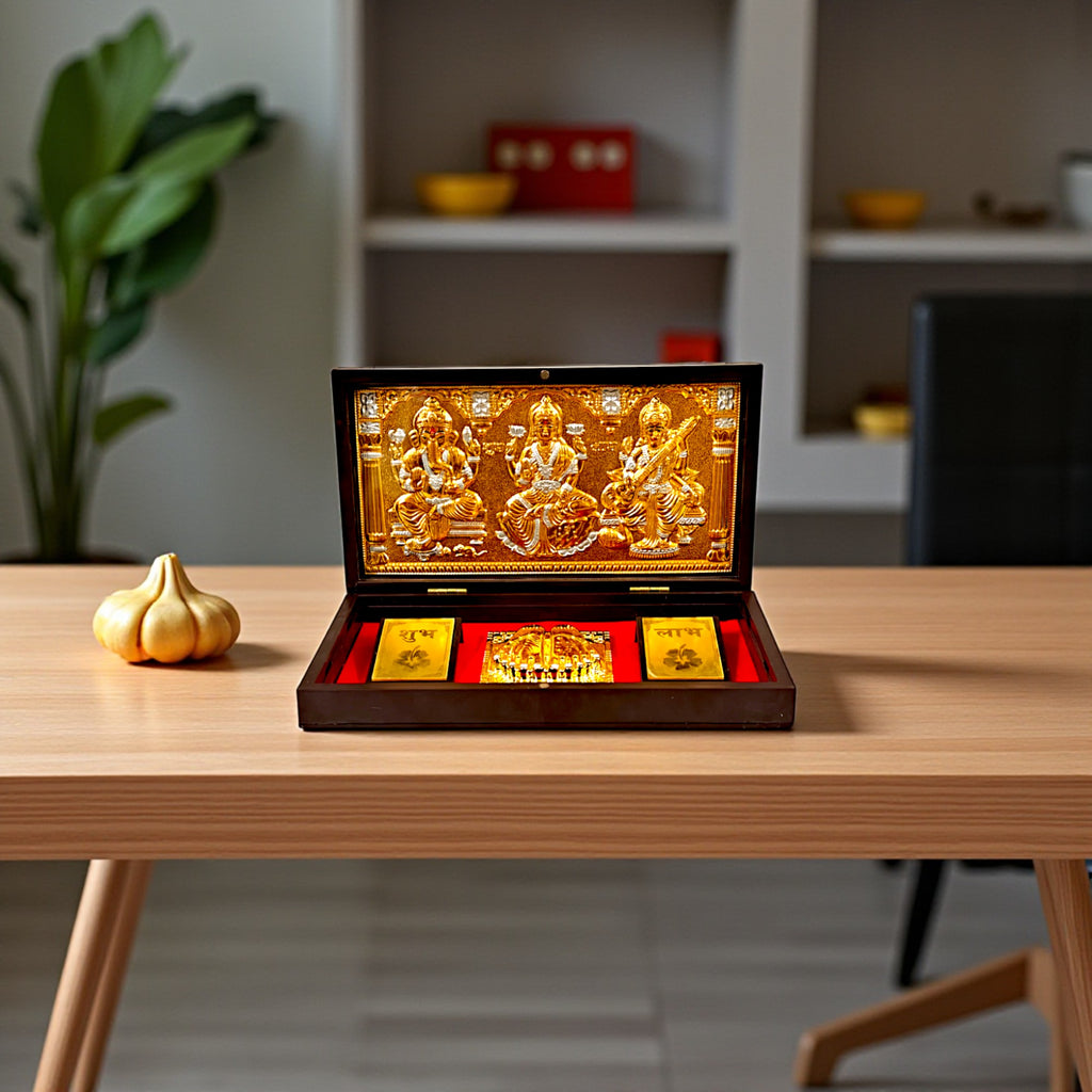 Gold-Silver Plated Laxmi Ganesh Sarswati Charan Paduka