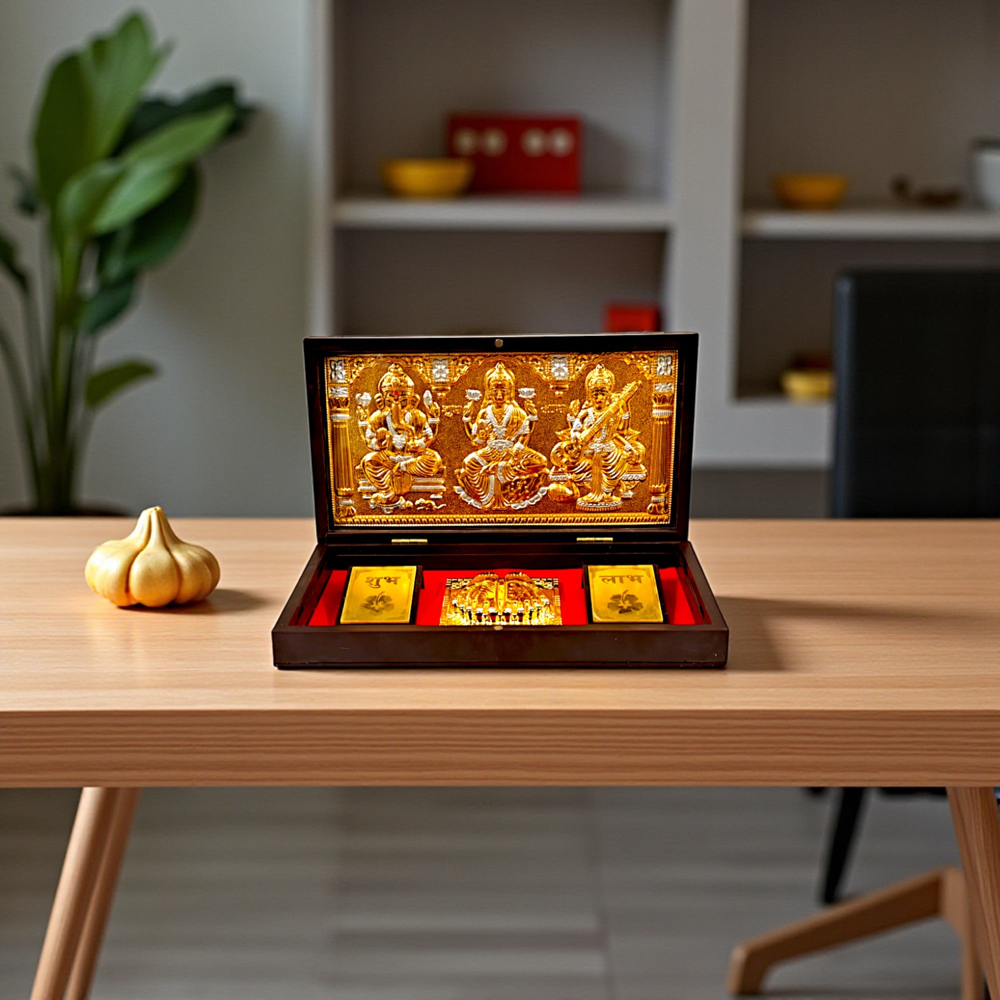 Gold-Silver Plated Laxmi Ganesh Sarswati Charan Paduka