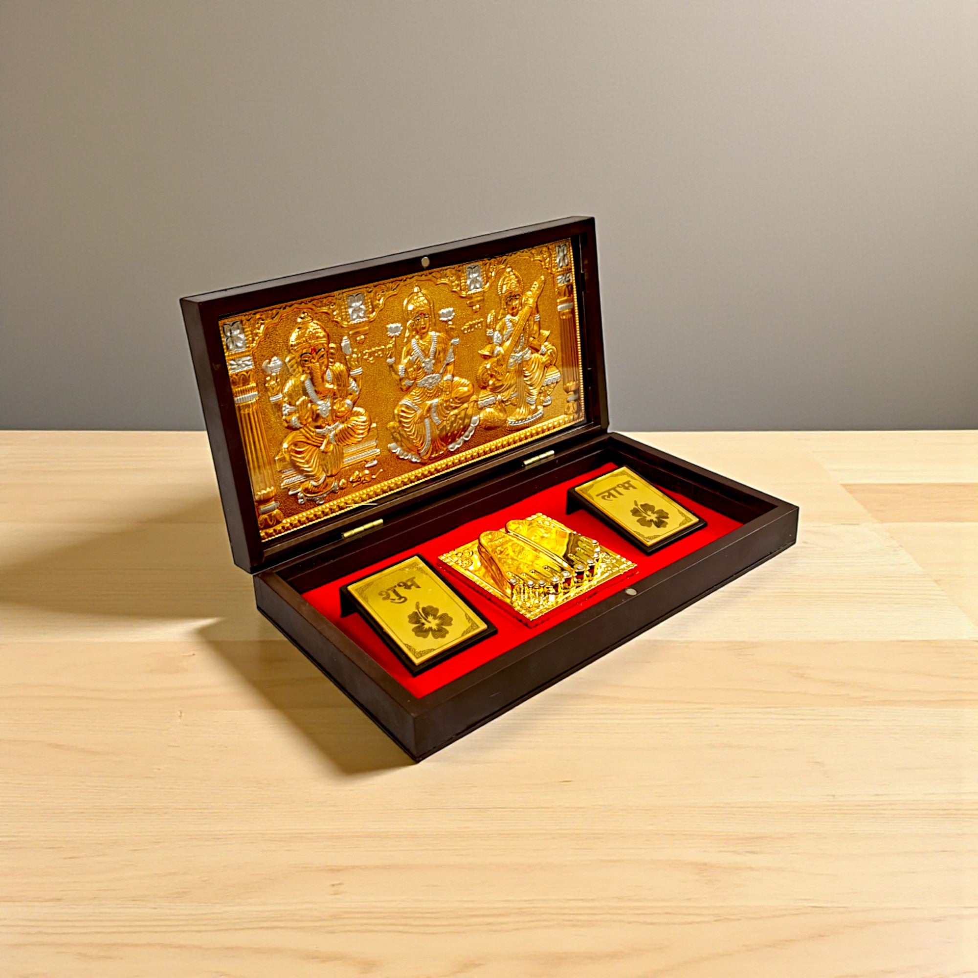 Gold-Silver Plated Laxmi Ganesh Sarswati Charan Paduka