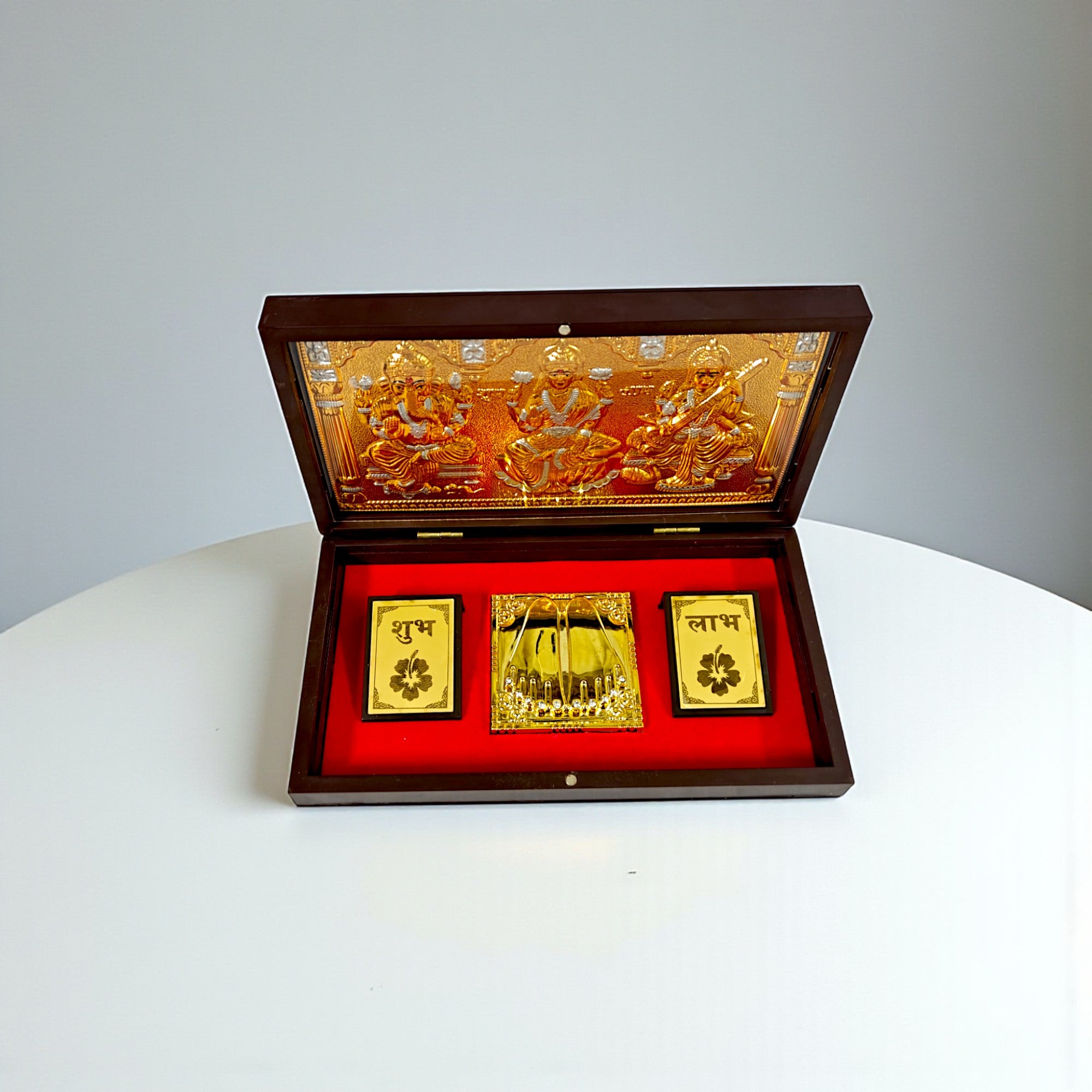 Gold-Silver Plated Laxmi Ganesh Sarswati Charan Paduka