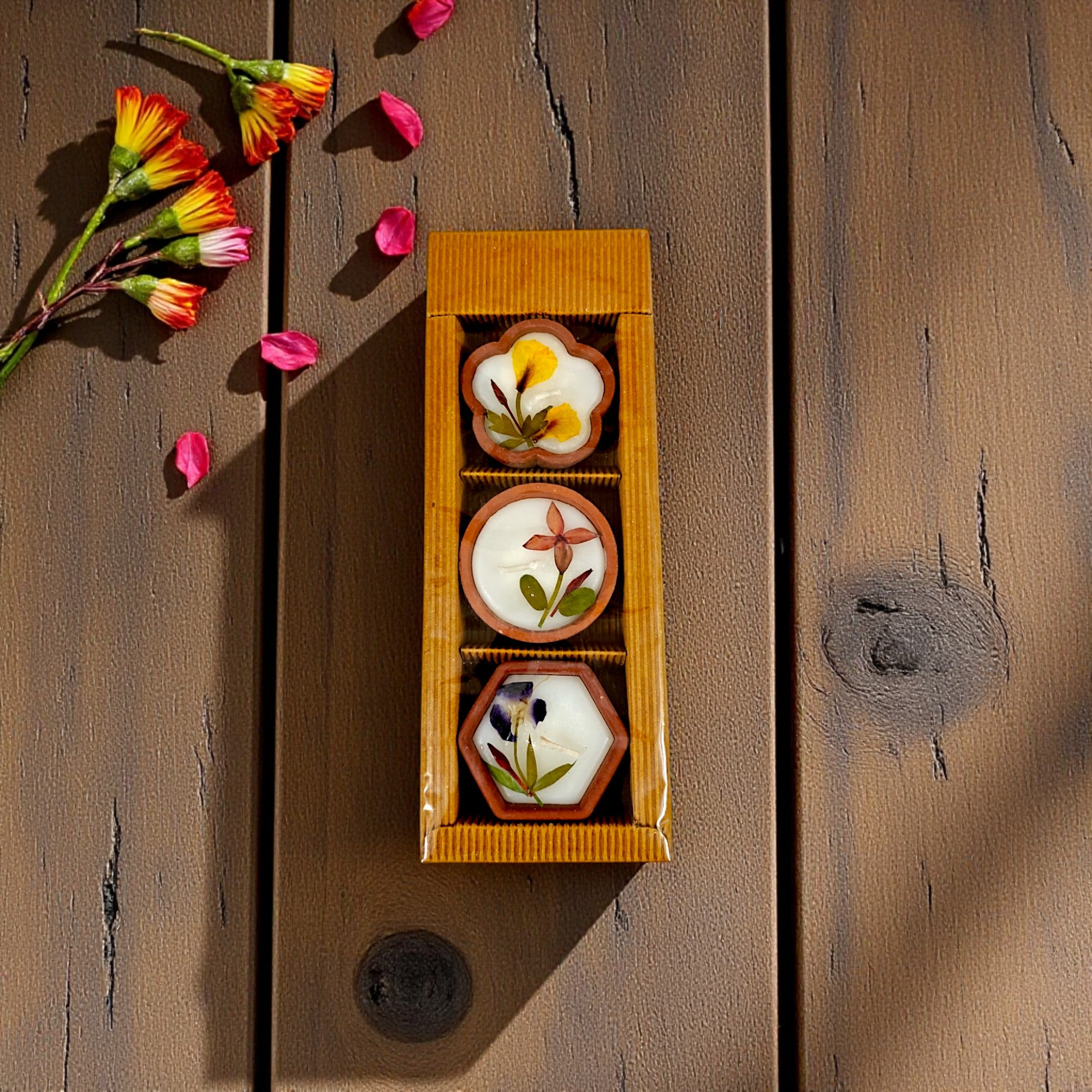 Handmade Aroma Candles with Natural Flower infused in terracotta Pot -Pack of 3