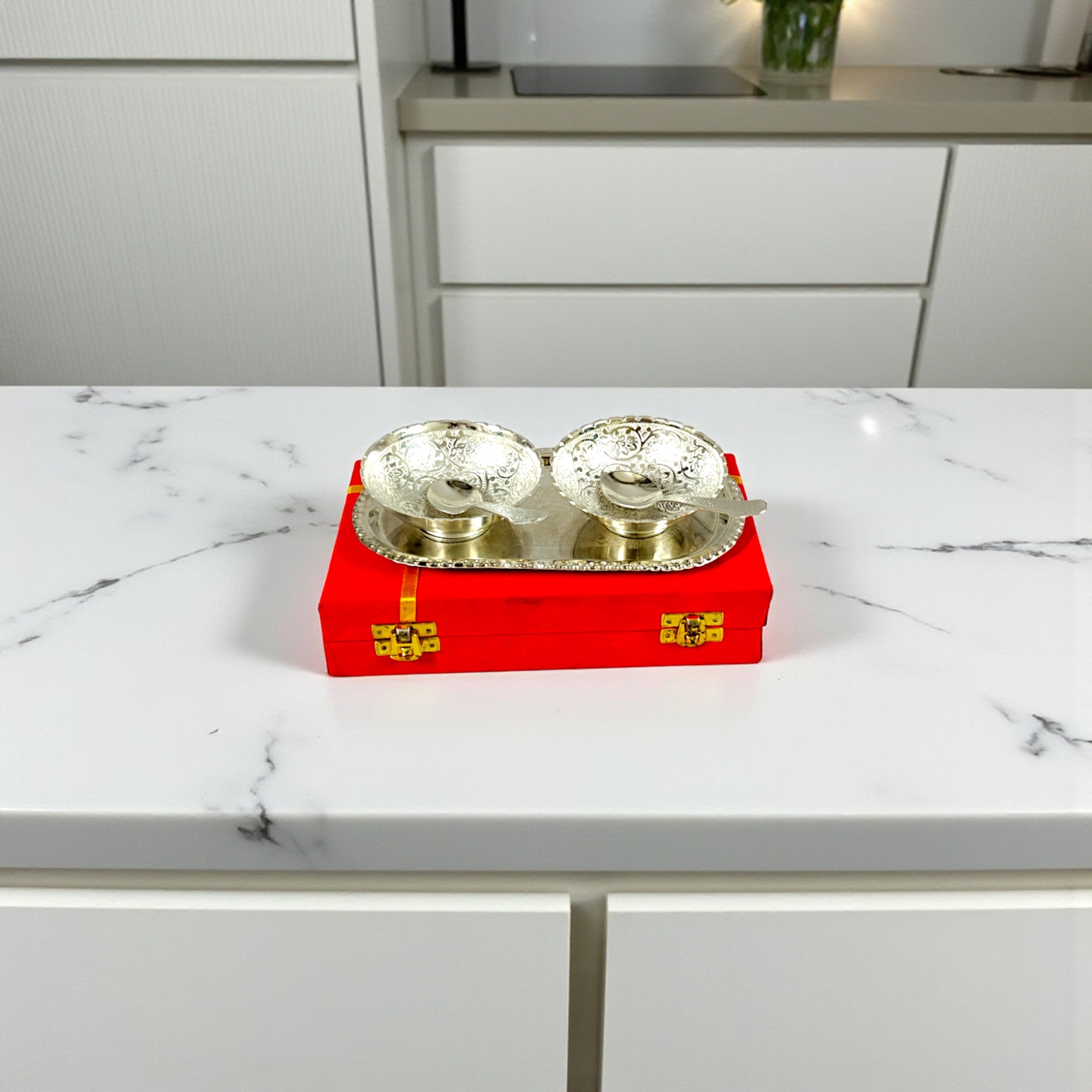 Silver Plated 2 Bowl Set with 2 Spoons & 1 Tray