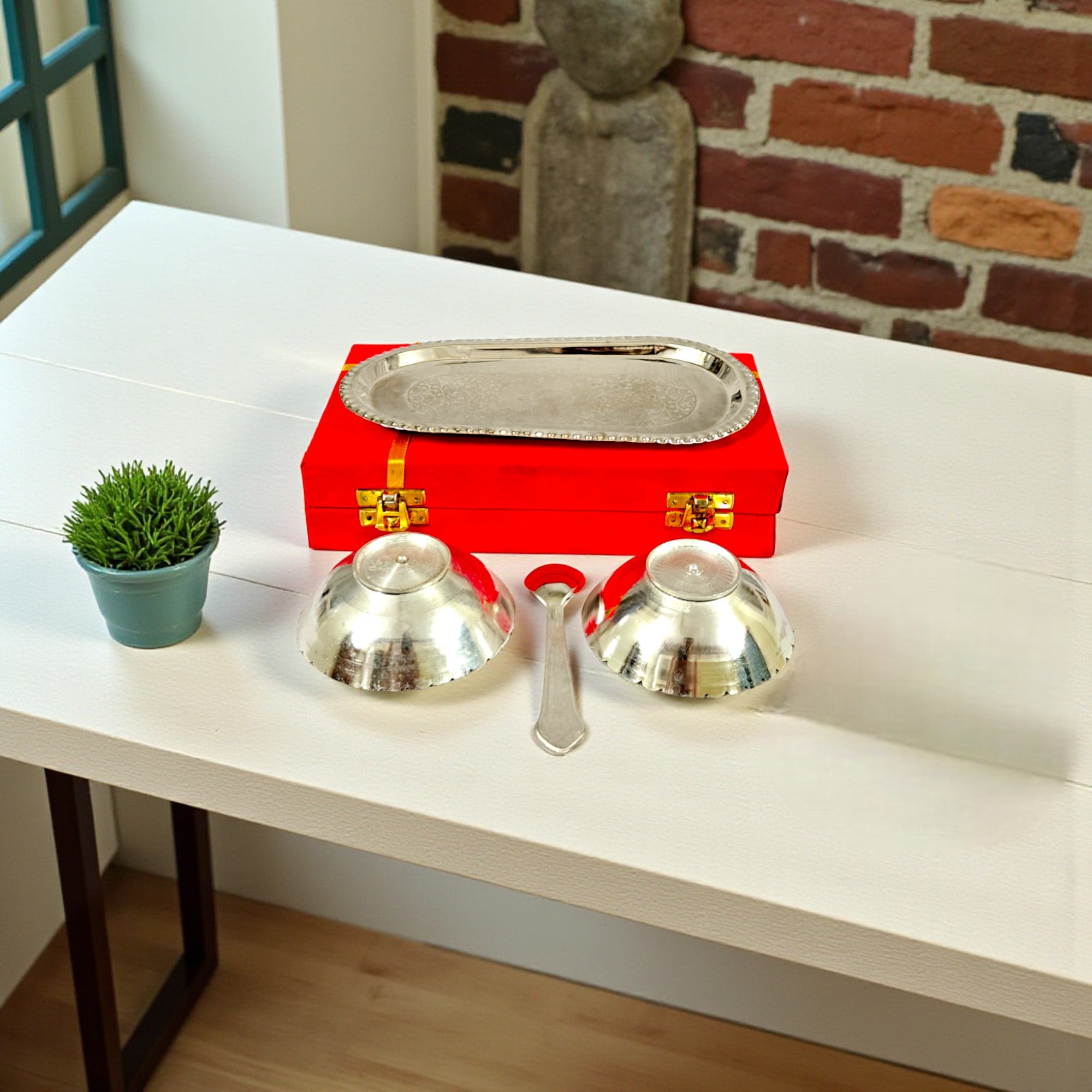 Silver Plated 2 Bowl Set with 2 Spoons & 1 Tray