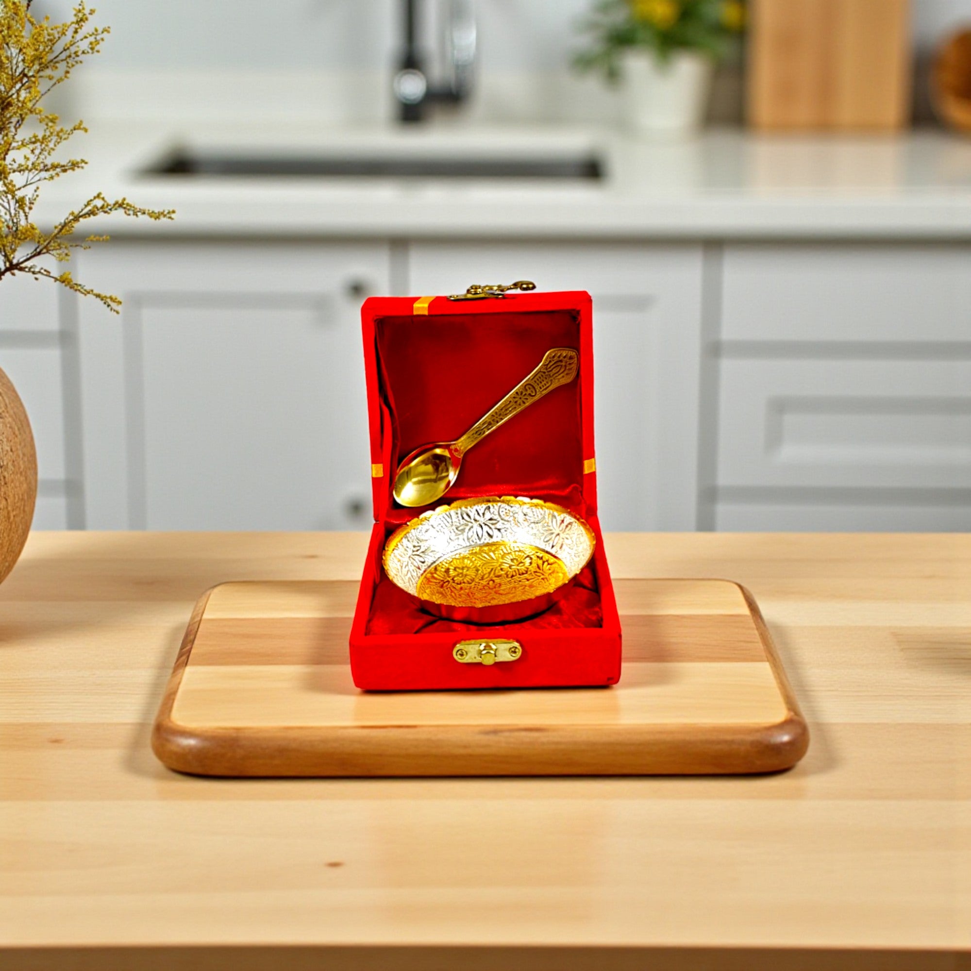 Silver Plated Bowl with Spoons For Gifting and Home Decor