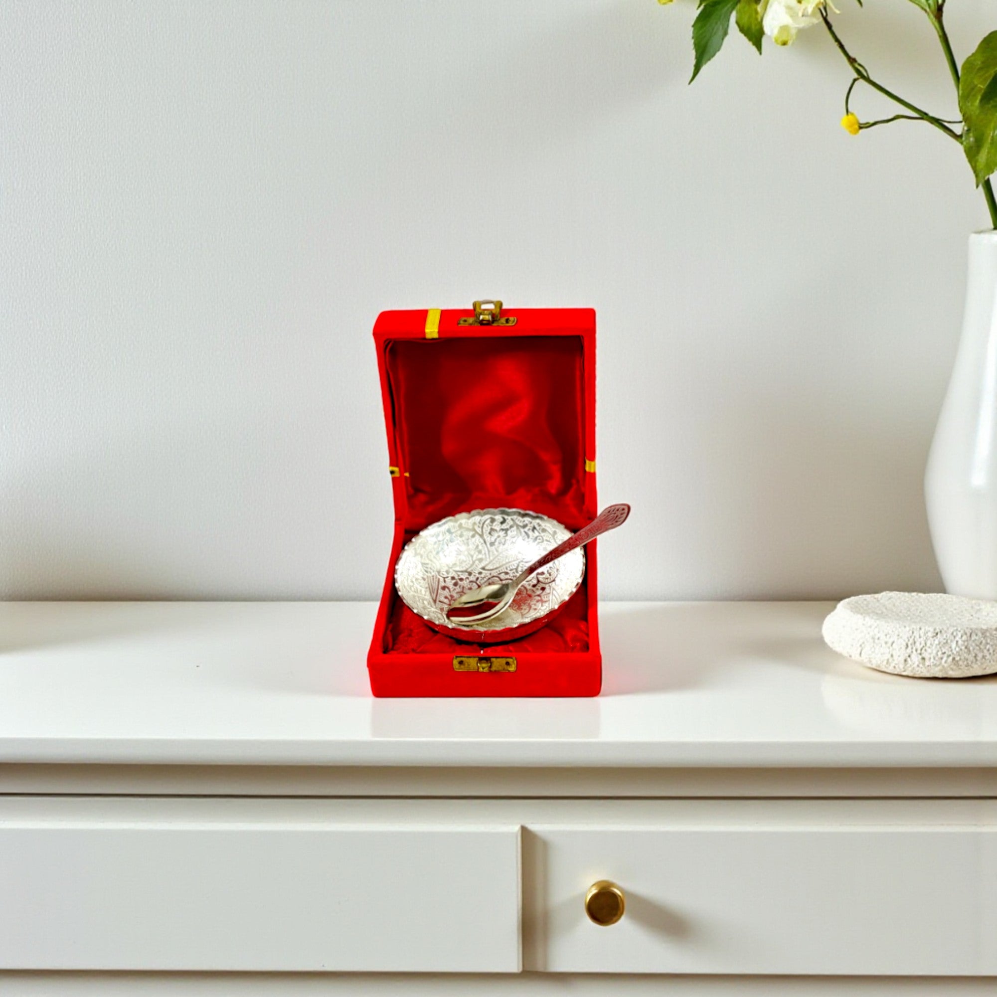 Silver Plated Bowl with Spoons For Gifting and Home Decor