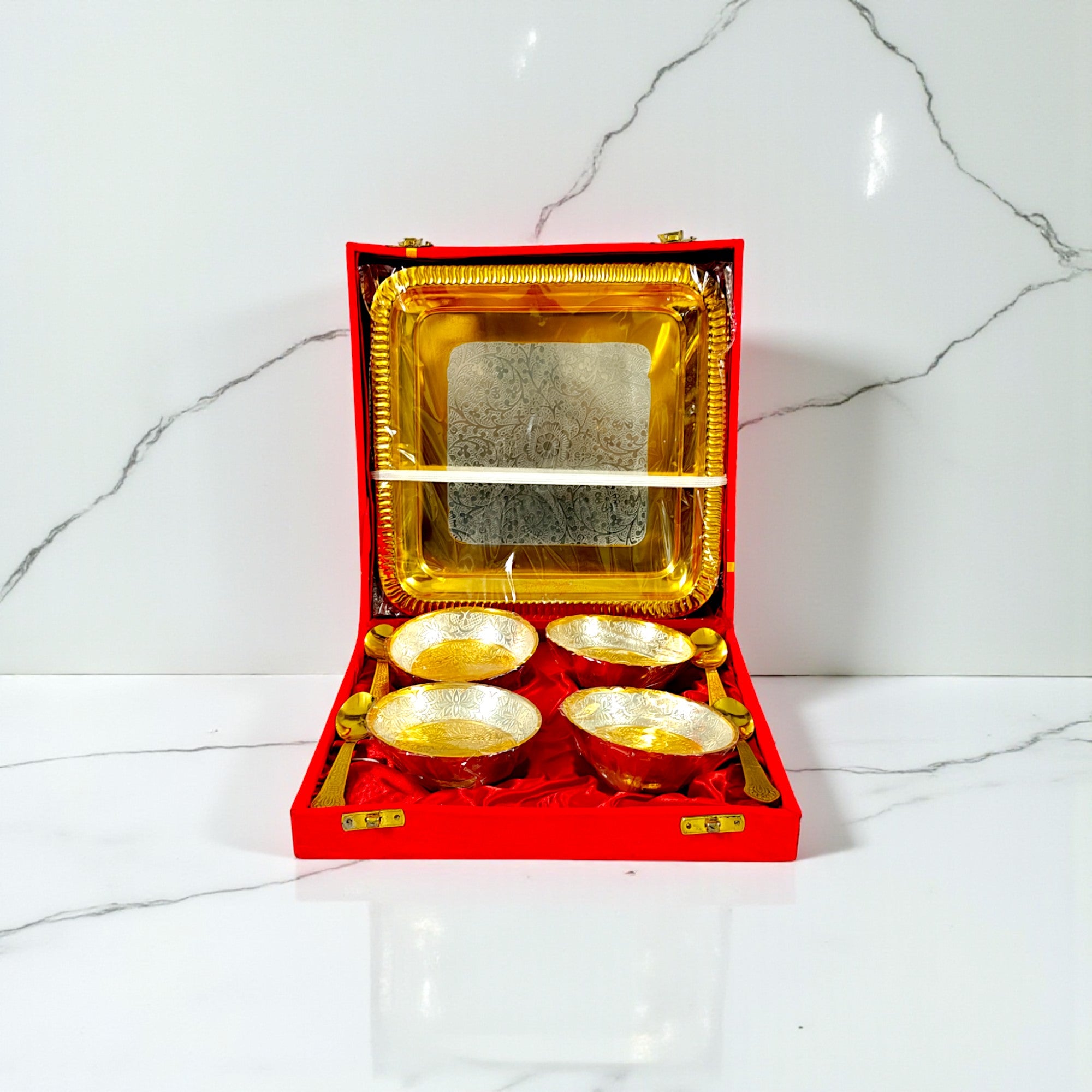 Silver Plated Bowl and Spoons set of 4 with Tray For Gifting and Home Decor