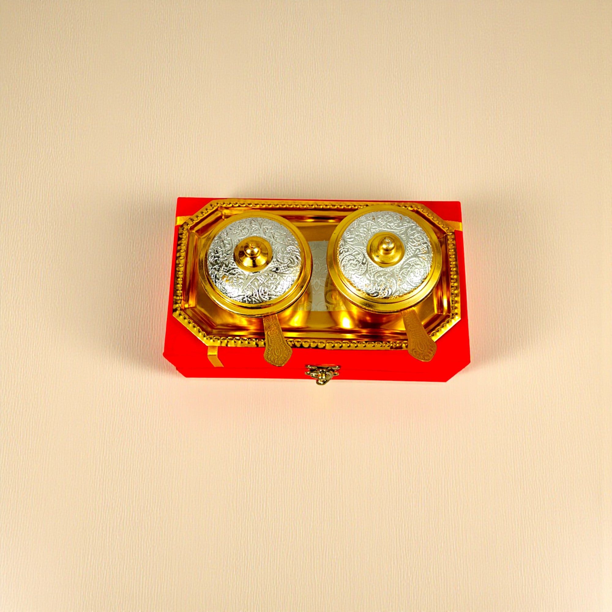Silver Plated serving Bowl with Lid and Spoons and Tray For Gifting and Home Decor