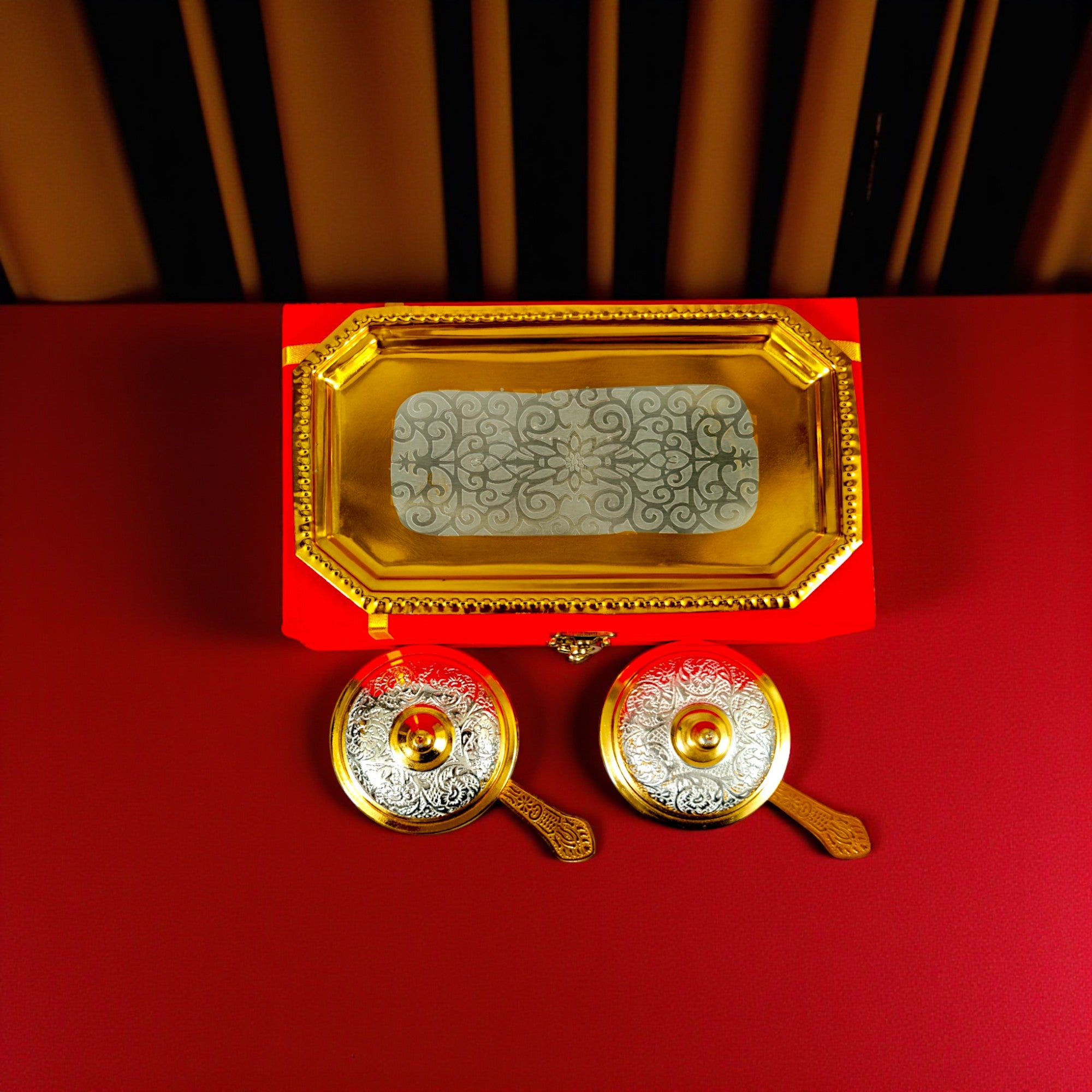 Silver Plated serving Bowl with Lid and Spoons and Tray For Gifting and Home Decor