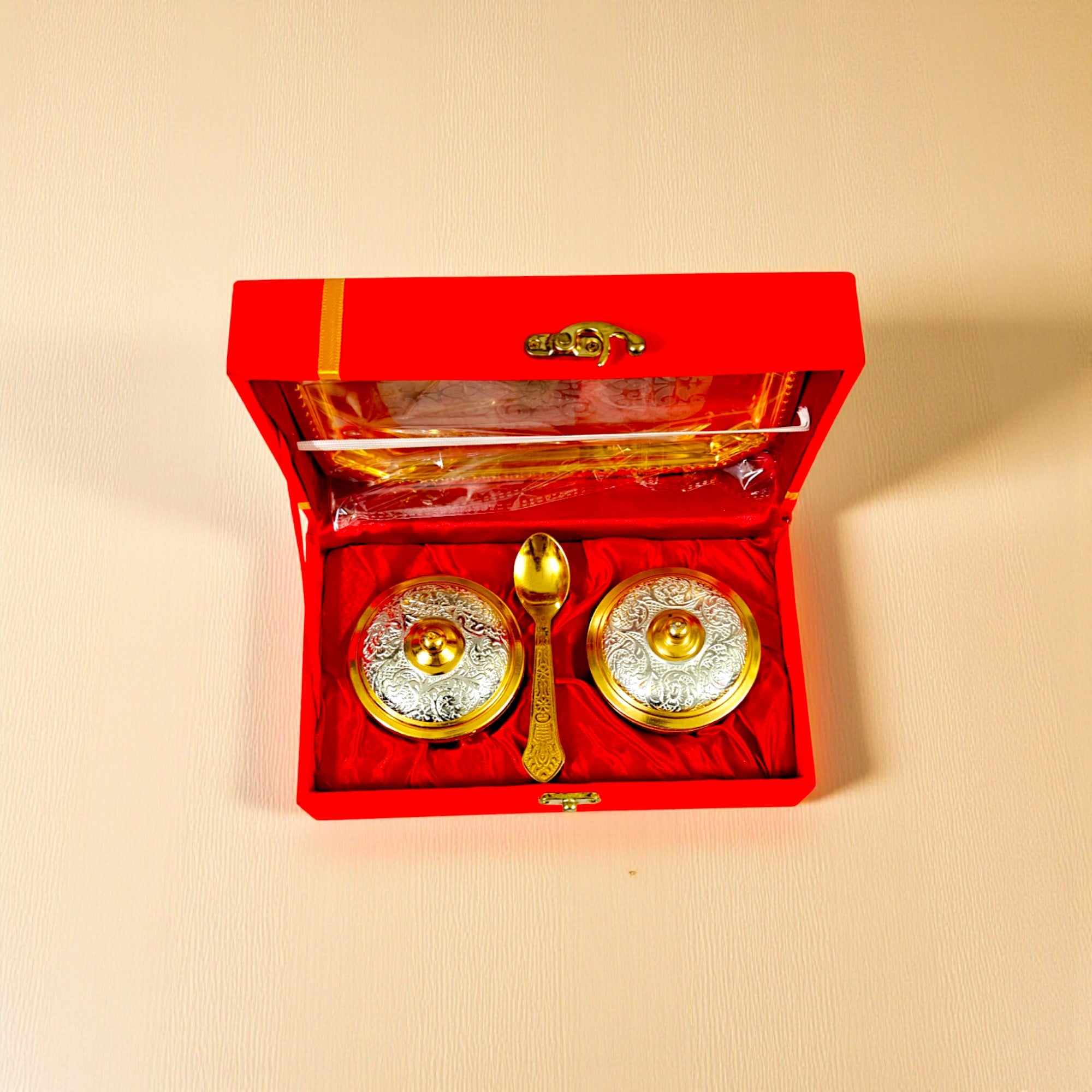 Silver Plated serving Bowl with Lid and Spoons and Tray For Gifting and Home Decor