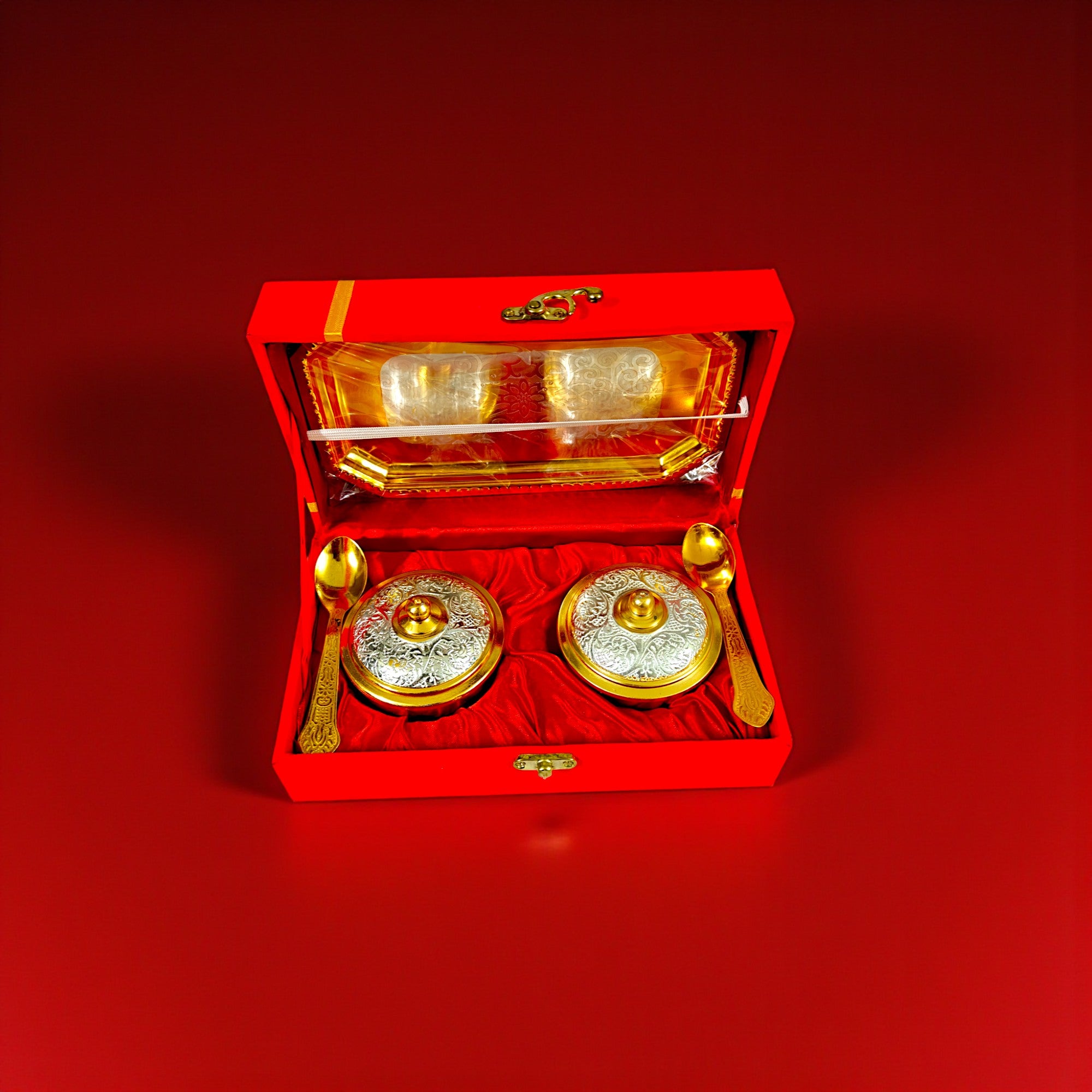 Silver Plated serving Bowl with Lid and Spoons and Tray For Gifting and Home Decor