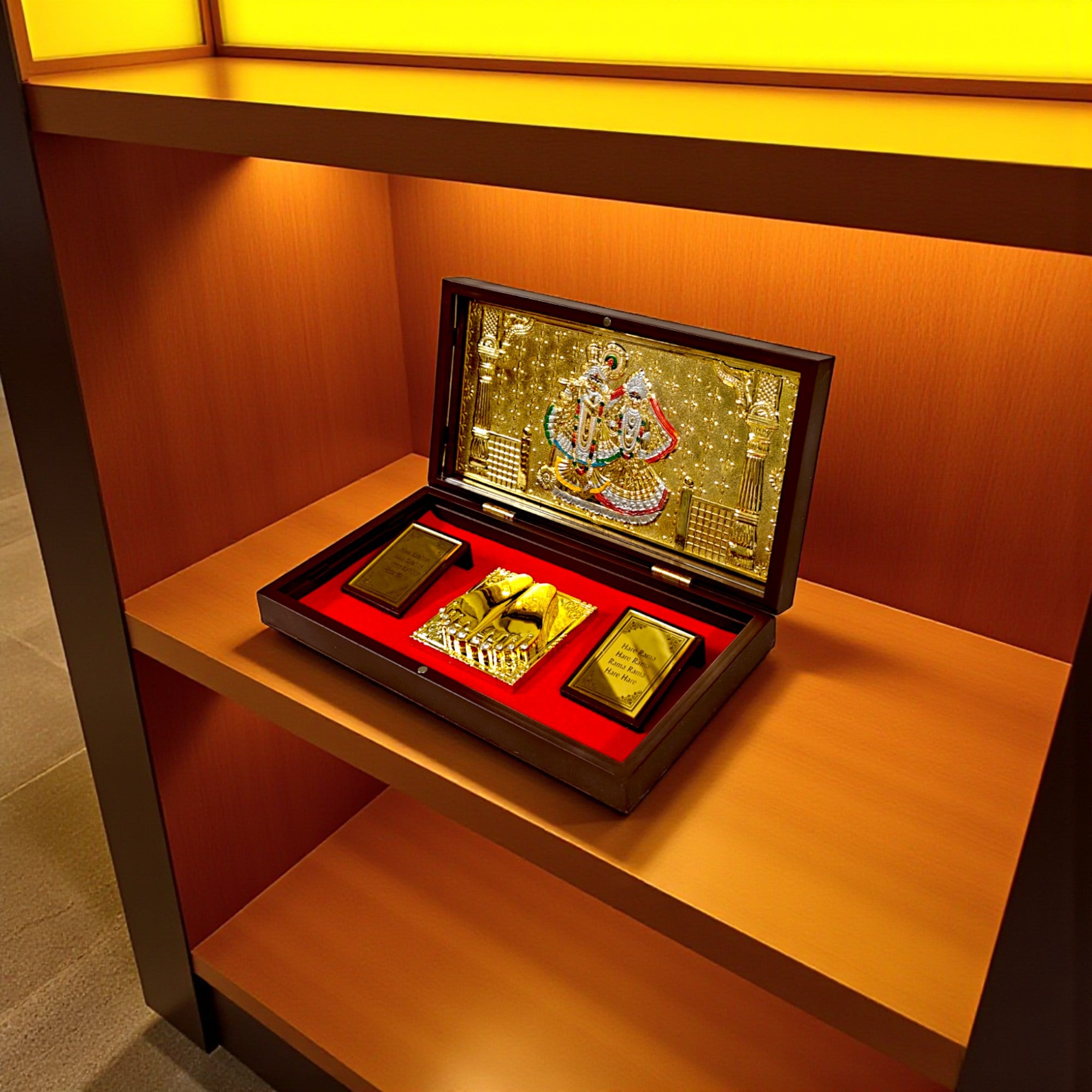 Gold-Silver Plated Shree Radha Krishna Ji Charan Paduka Prayer Box