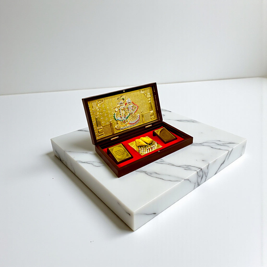 Gold-Silver Plated Shree Radha Krishna Ji Charan Paduka Prayer Box