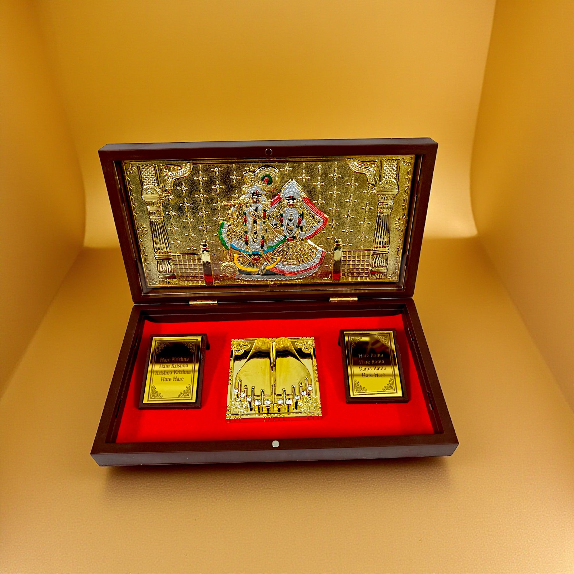 Gold-Silver Plated Shree Radha Krishna Ji Charan Paduka Prayer Box