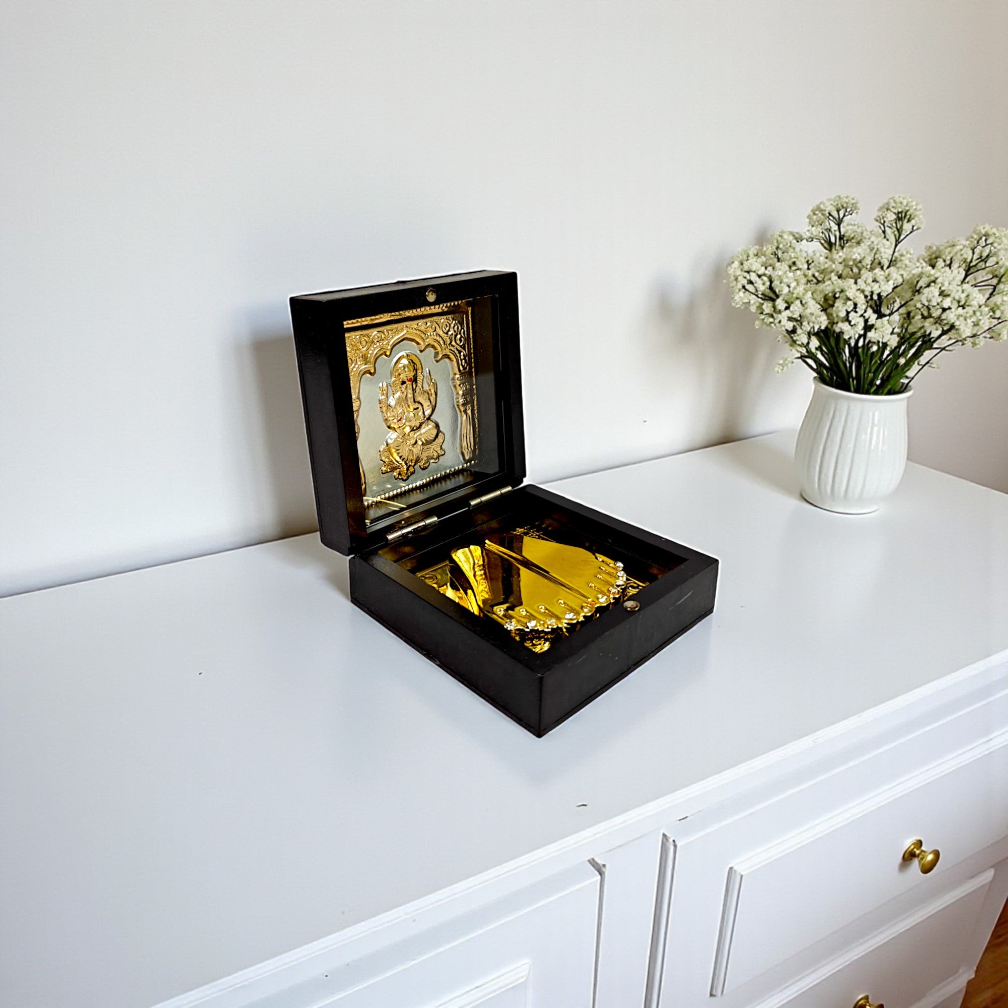Gold-Silver Plated Shree Ganesh Ji Charan Paduka Prayer Box