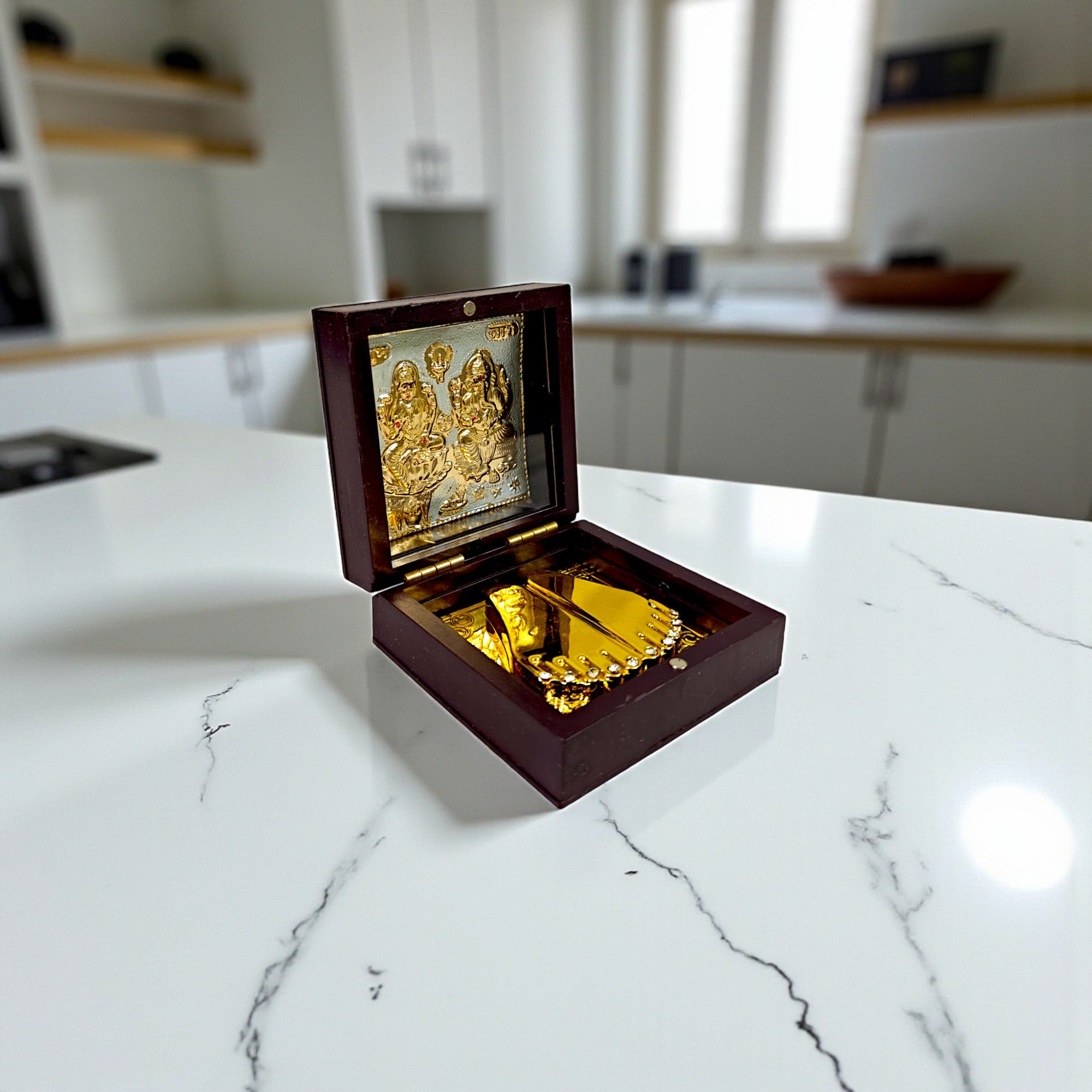 Gold-Silver Plated Shree Laxmi Ganesh Ji Charan Paduka Prayer Box