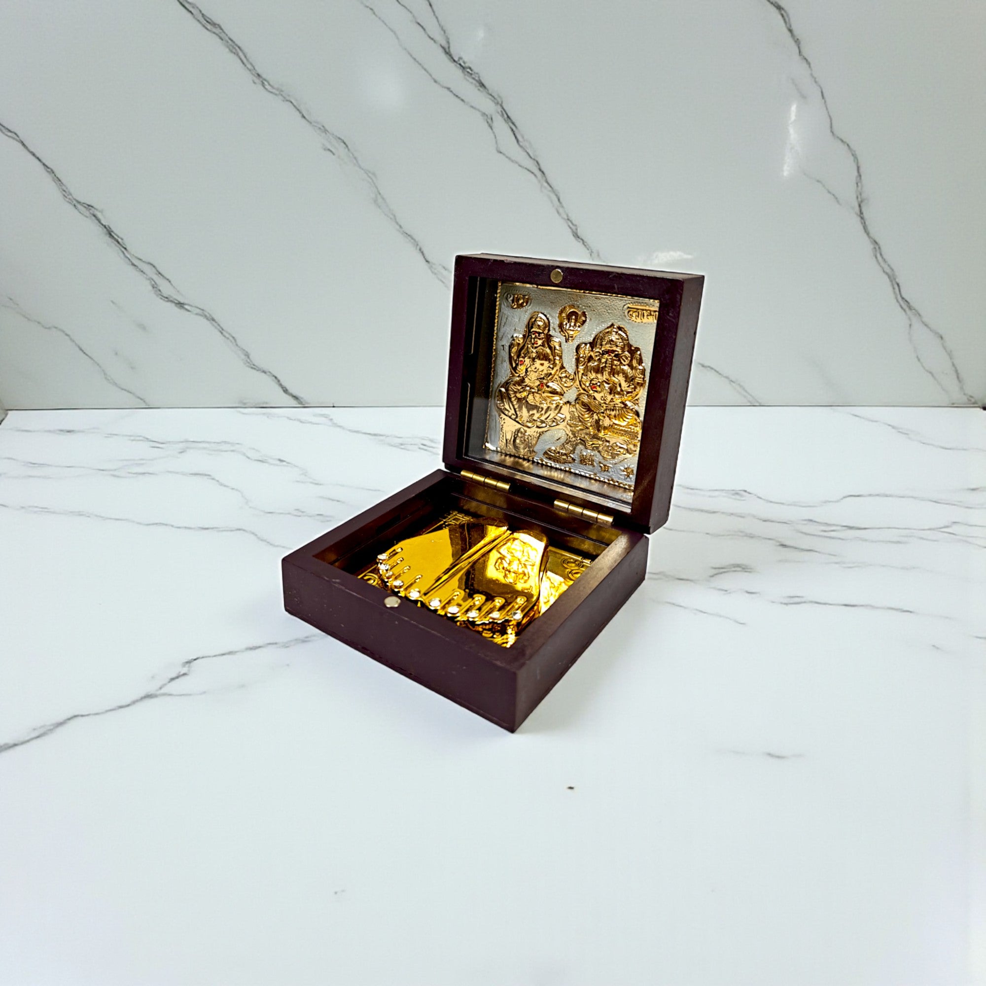Gold-Silver Plated Shree Laxmi Ganesh Ji Charan Paduka Prayer Box