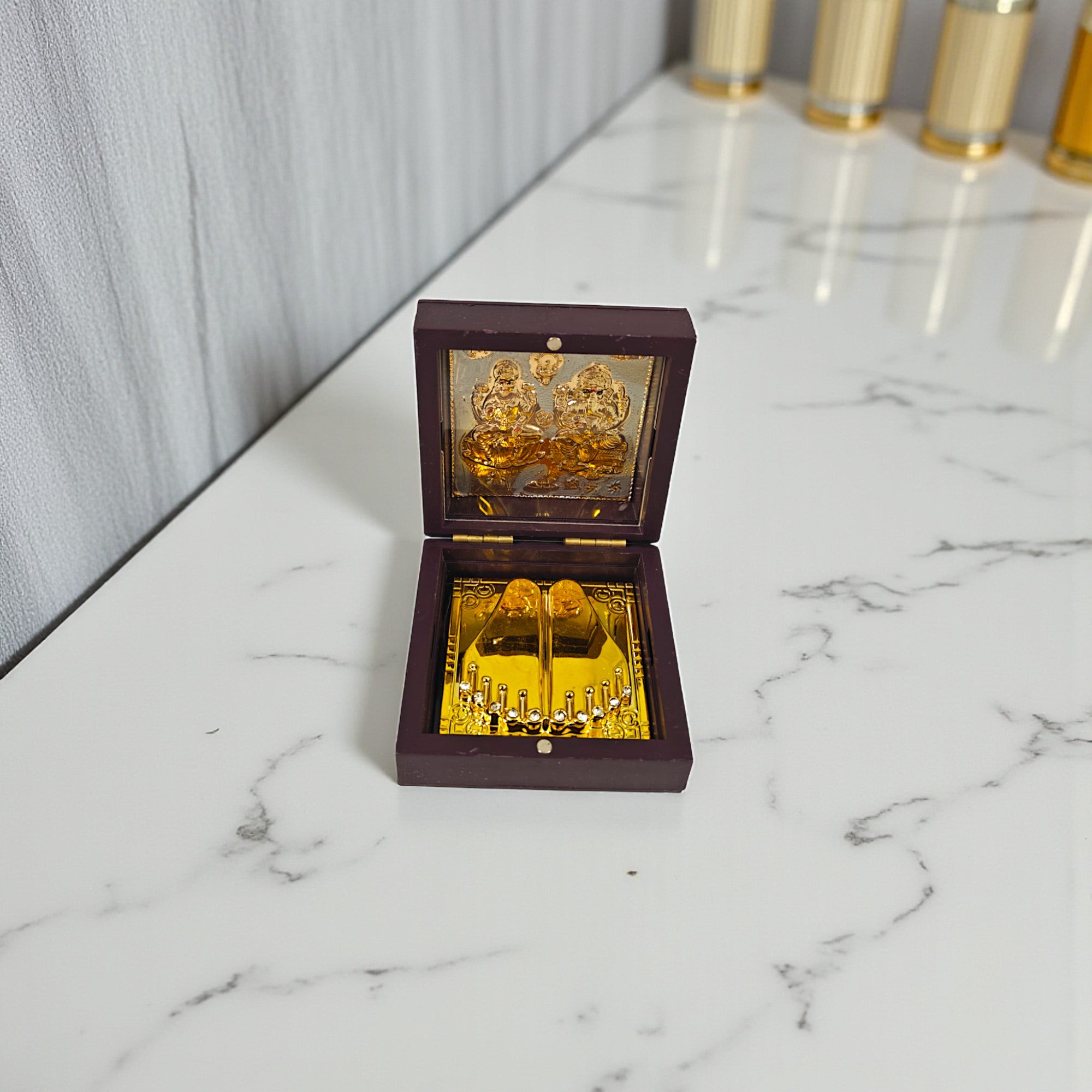 Gold-Silver Plated Shree Laxmi Ganesh Ji Charan Paduka Prayer Box