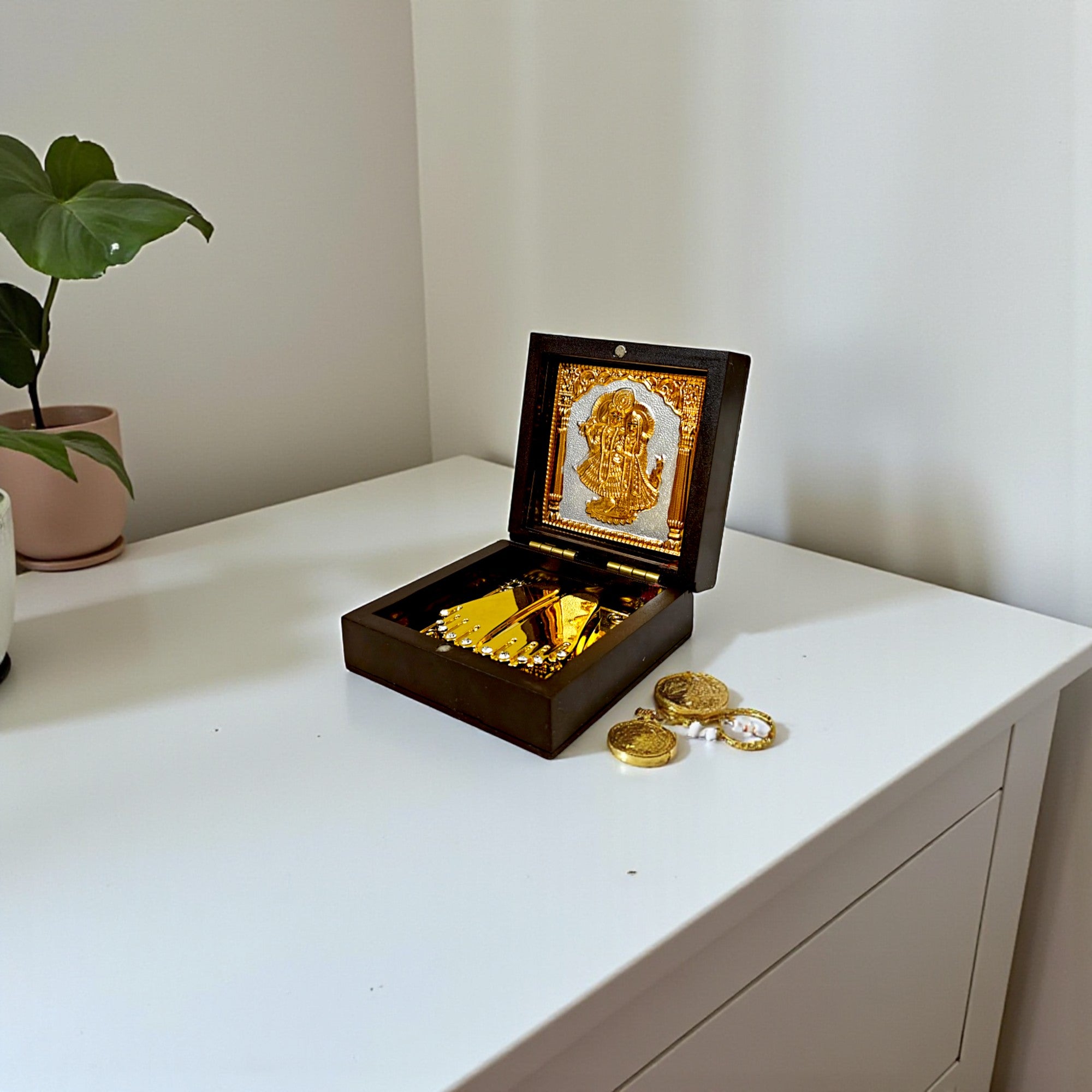 Gold-Silver Plated Radha Krishna Ji Charan Paduka Prayer Box